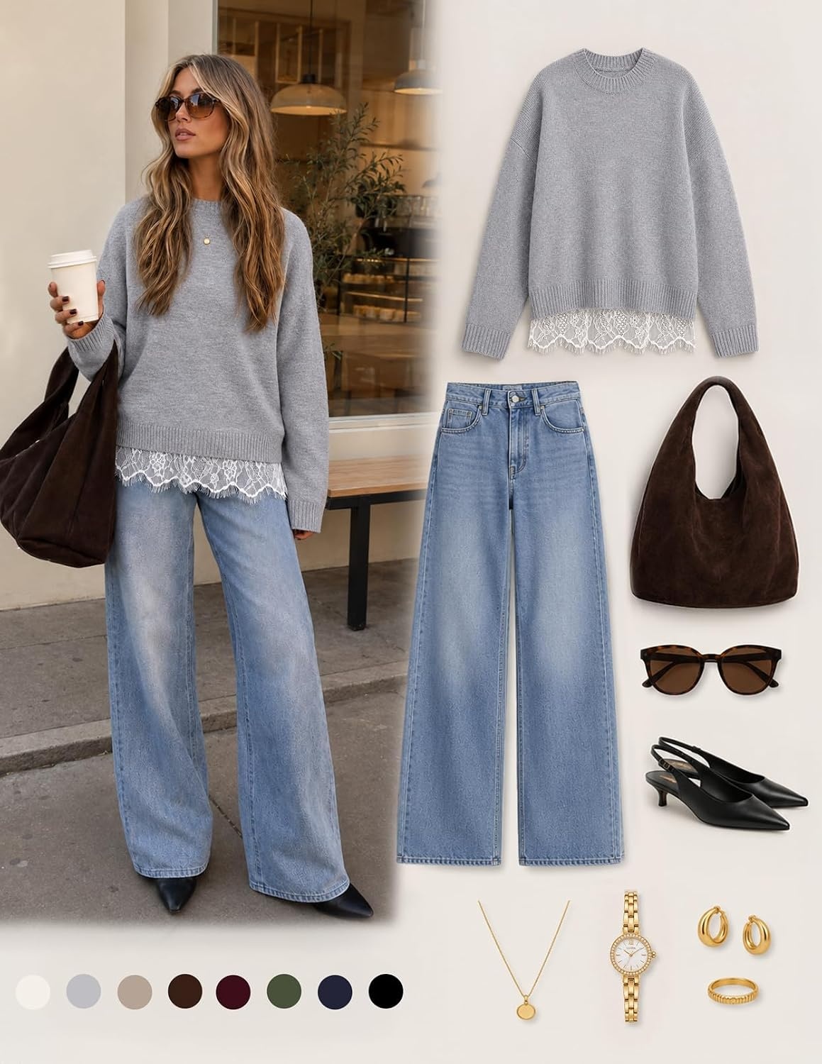 image:imageMEROKEETY Womens Fall Oversized Lace Sweaters 2026 Trendy Long Sleeve Crew Neck Drop Shoulder Soft Knit Loose Casual Cozy Cute Pullover Top Fall Fashion Outfits Winter ClothesGray