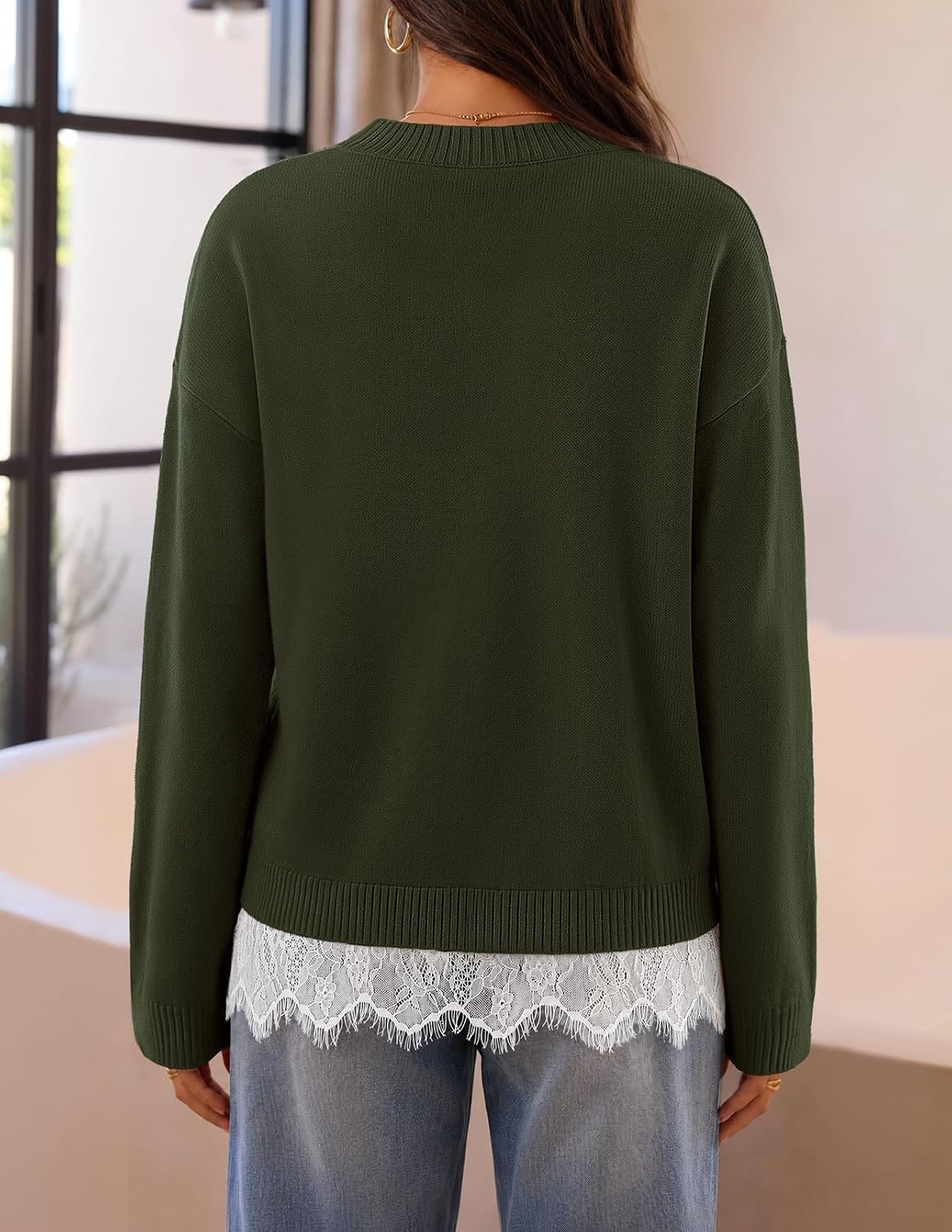 image:imageMEROKEETY Womens Fall Oversized Lace Sweaters 2026 Trendy Long Sleeve Crew Neck Drop Shoulder Soft Knit Loose Casual Cozy Cute Pullover Top Fall Fashion Outfits Winter ClothesArmy