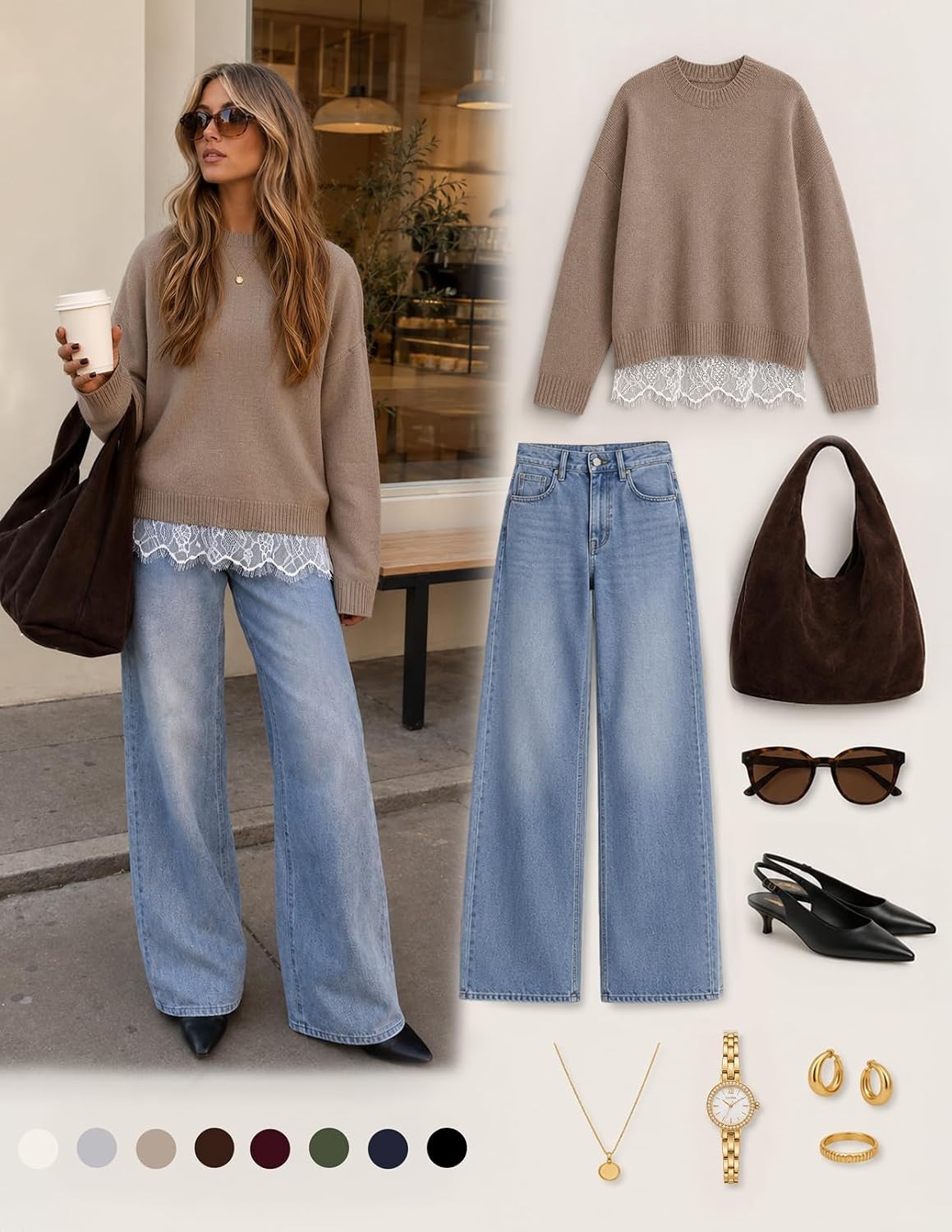 image:imageMEROKEETY Womens Fall Oversized Lace Sweaters 2026 Trendy Long Sleeve Crew Neck Drop Shoulder Soft Knit Loose Casual Cozy Cute Pullover Top Fall Fashion Outfits Winter ClothesKhaki
