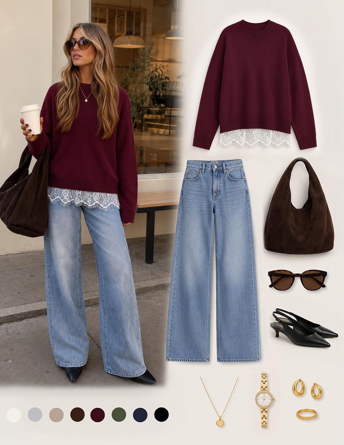 image:imageMEROKEETY Womens Fall Oversized Lace Sweaters 2026 Trendy Long Sleeve Crew Neck Drop Shoulder Soft Knit Loose Casual Cozy Cute Pullover Top Fall Fashion Outfits Winter ClothesBurgundy