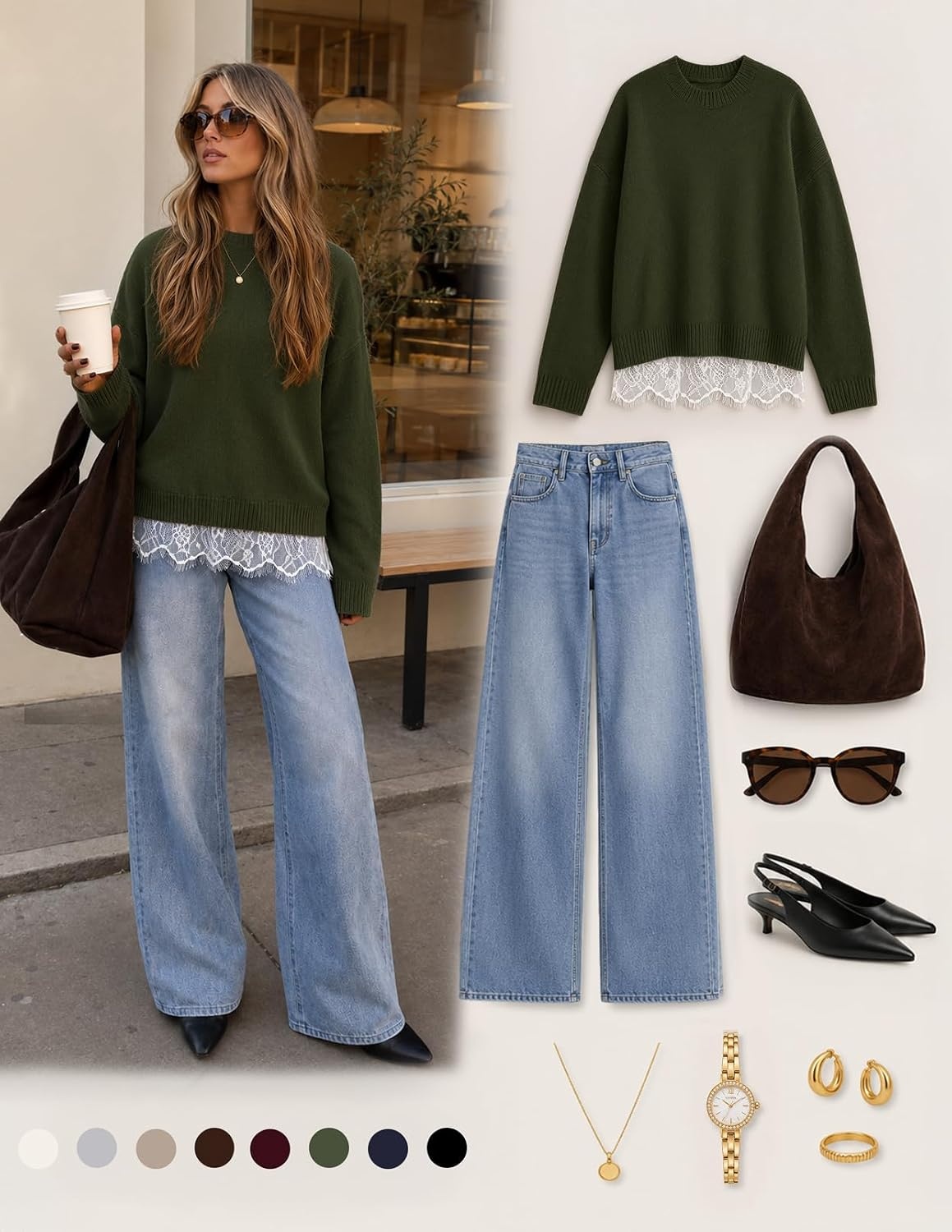 image:imageMEROKEETY Womens Fall Oversized Lace Sweaters 2026 Trendy Long Sleeve Crew Neck Drop Shoulder Soft Knit Loose Casual Cozy Cute Pullover Top Fall Fashion Outfits Winter ClothesArmy