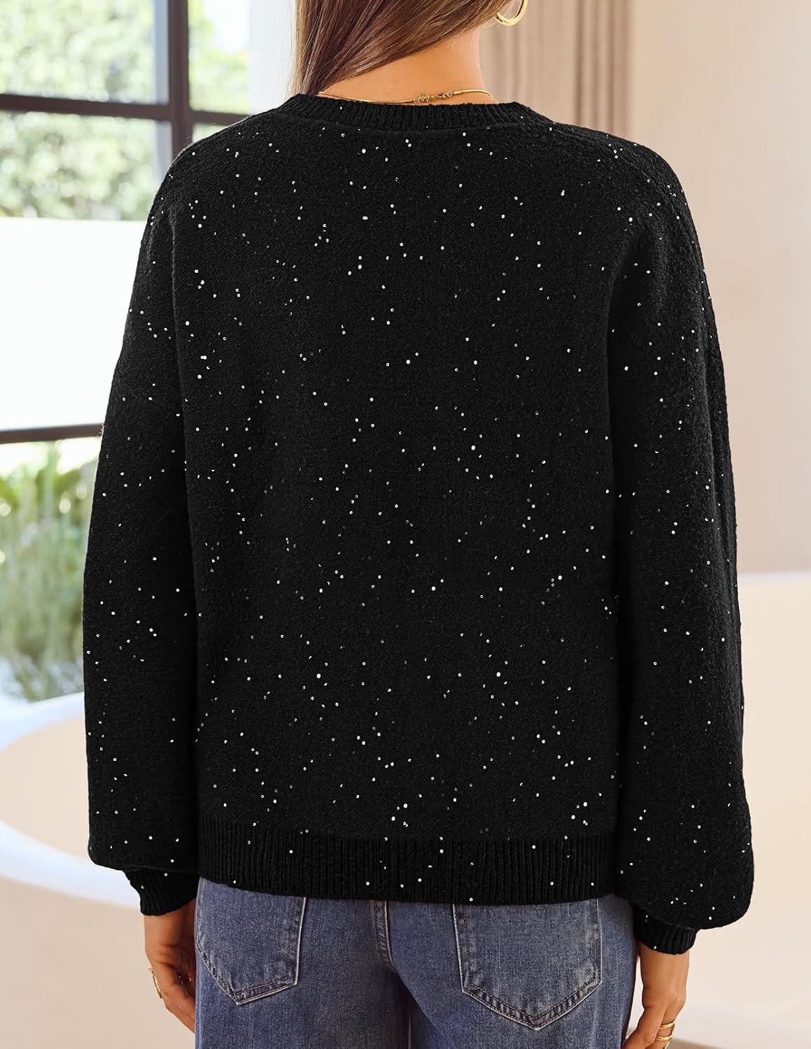 image:imageMEROKEETY Womens Fall Sequin Long Sleeve Pullover Sweaters Crew Neck Lantern Sleeve Oversized Casual Sparkly Drop Shoulder Ribbed Hem Solid Color Knit Winter ClothesBlack