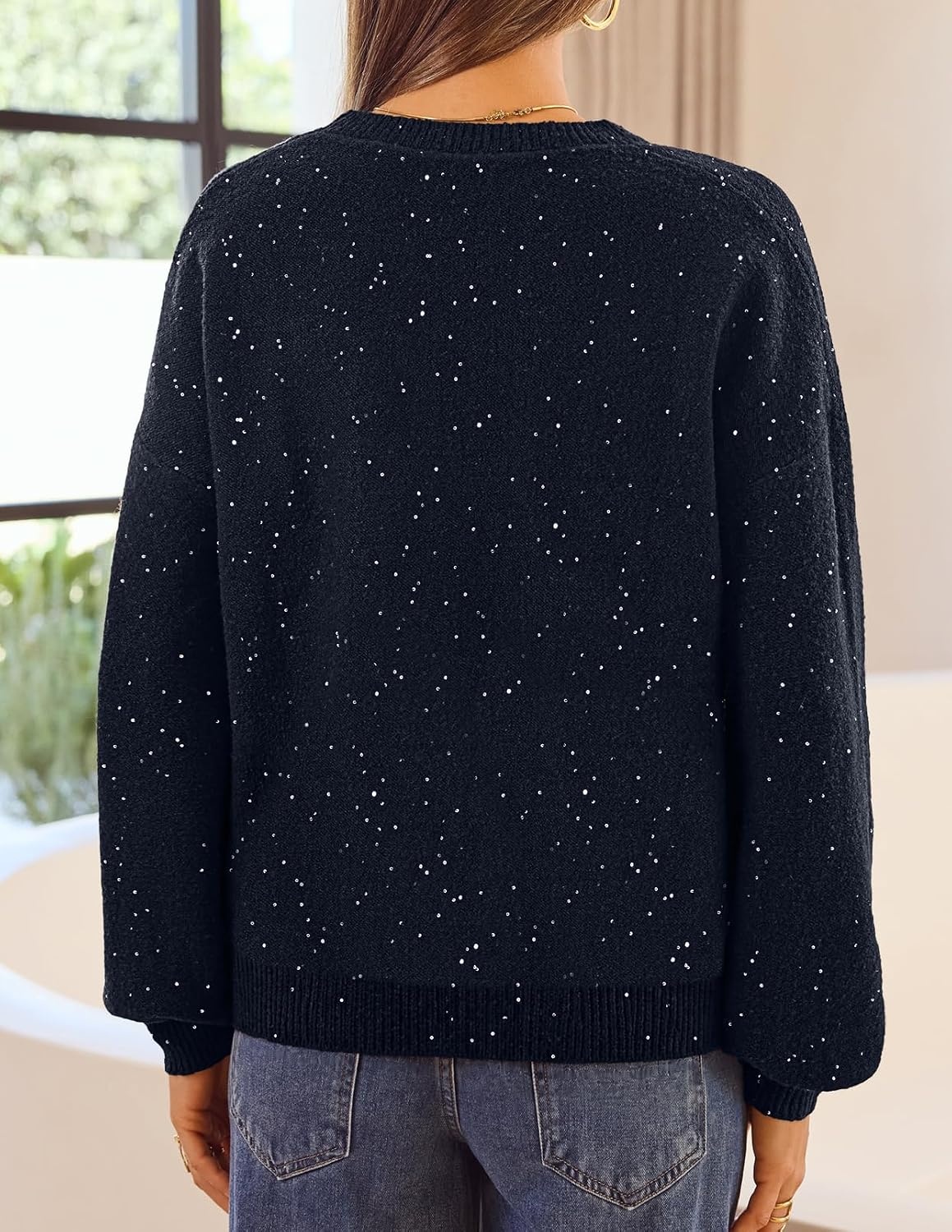 image:imageMEROKEETY Womens Fall Sequin Long Sleeve Pullover Sweaters Crew Neck Lantern Sleeve Oversized Casual Sparkly Drop Shoulder Ribbed Hem Solid Color Knit Winter ClothesNavy
