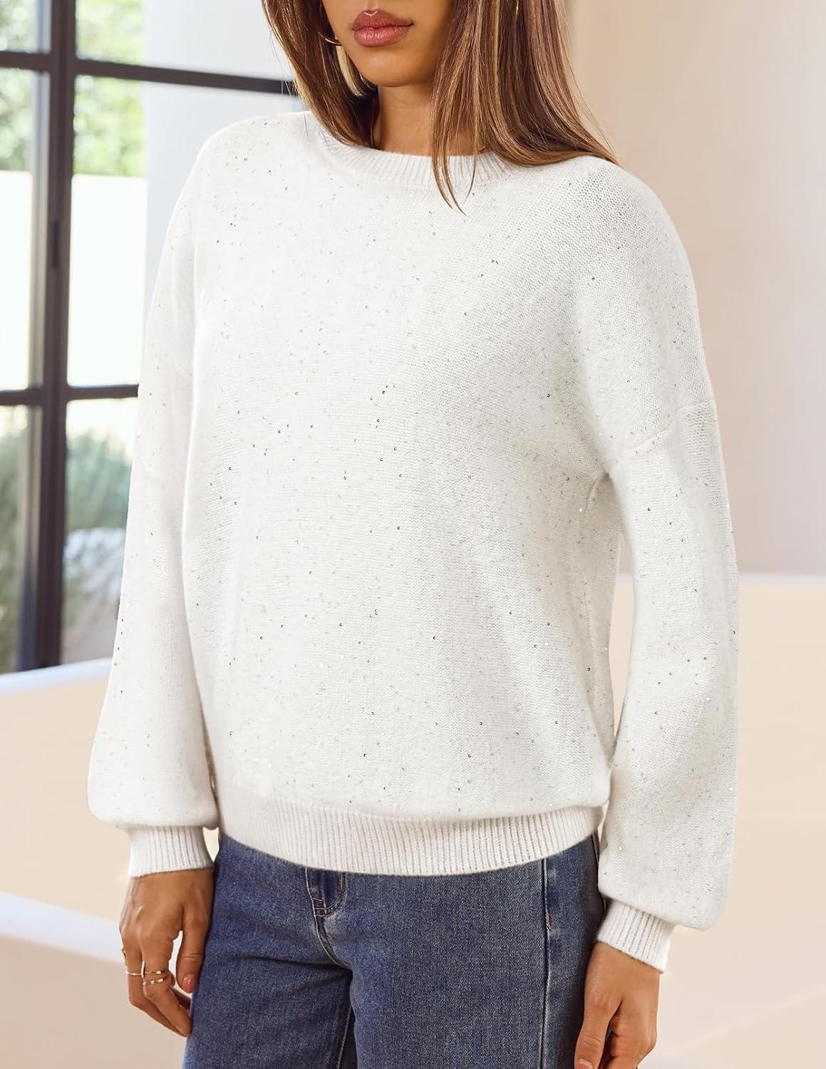 image:imageMEROKEETY Womens Fall Sequin Long Sleeve Pullover Sweaters Crew Neck Lantern Sleeve Oversized Casual Sparkly Drop Shoulder Ribbed Hem Solid Color Knit Winter ClothesWhite