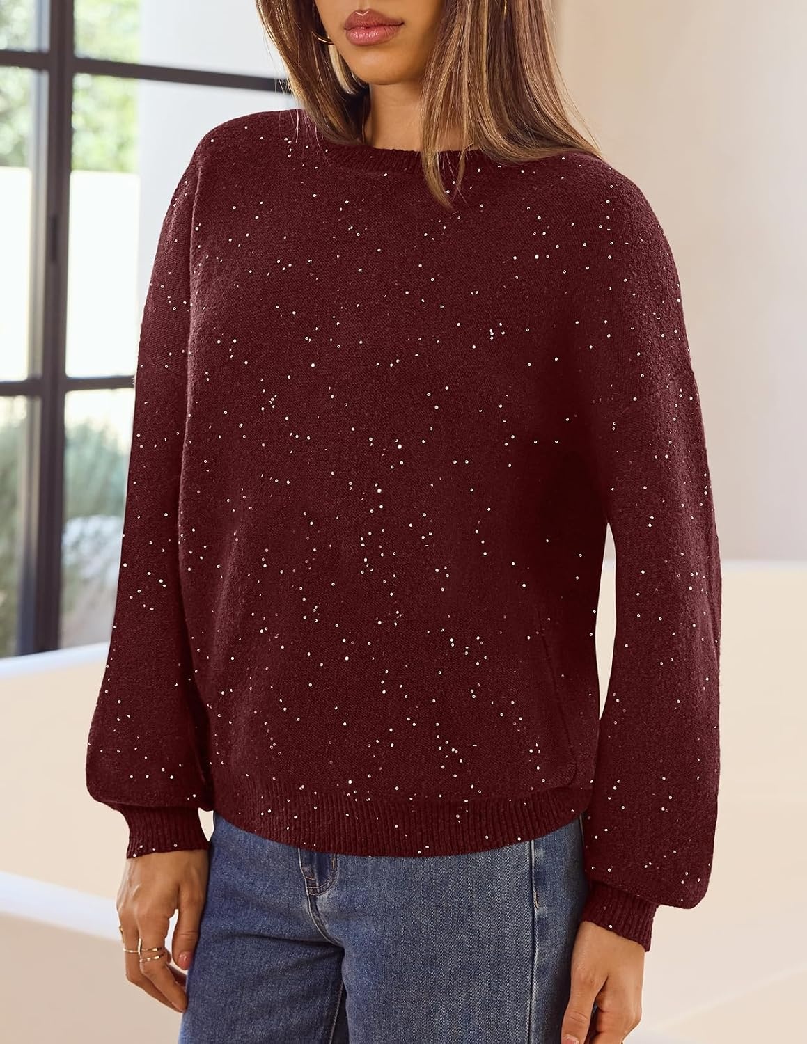 image:imageMEROKEETY Womens Fall Sequin Long Sleeve Pullover Sweaters Crew Neck Lantern Sleeve Oversized Casual Sparkly Drop Shoulder Ribbed Hem Solid Color Knit Winter ClothesWine
