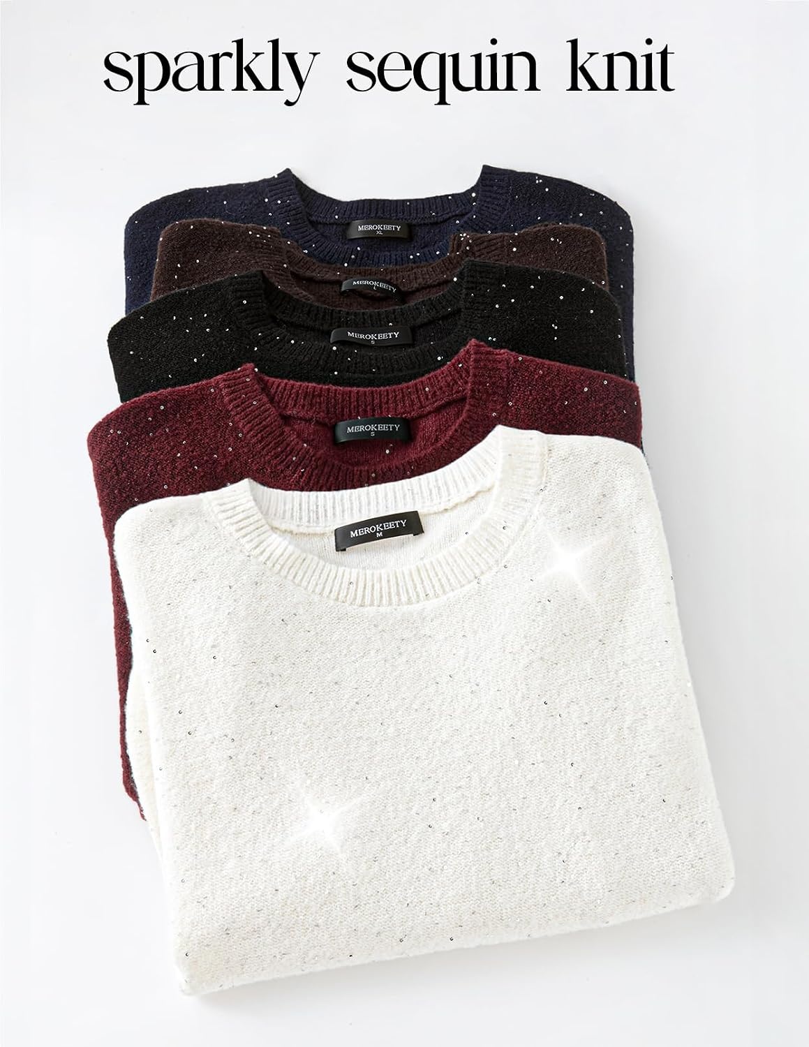 image:imageMEROKEETY Womens Fall Sequin Long Sleeve Pullover Sweaters Crew Neck Lantern Sleeve Oversized Casual Sparkly Drop Shoulder Ribbed Hem Solid Color Knit Winter ClothesBlack