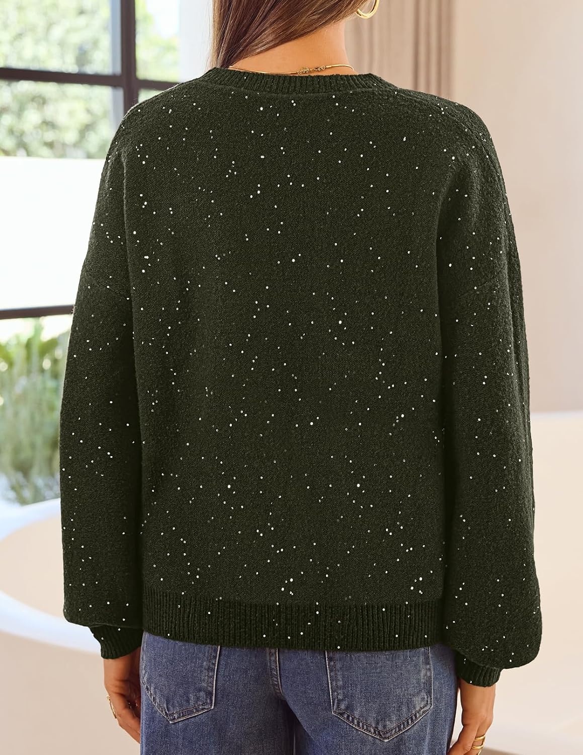 image:imageMEROKEETY Womens Fall Sequin Long Sleeve Pullover Sweaters Crew Neck Lantern Sleeve Oversized Casual Sparkly Drop Shoulder Ribbed Hem Solid Color Knit Winter ClothesOlive