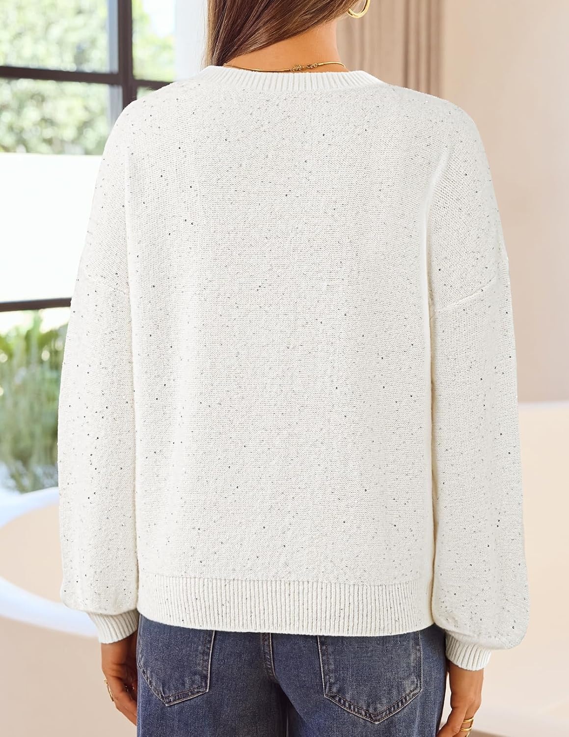 image:imageMEROKEETY Womens Fall Sequin Long Sleeve Pullover Sweaters Crew Neck Lantern Sleeve Oversized Casual Sparkly Drop Shoulder Ribbed Hem Solid Color Knit Winter ClothesWhite