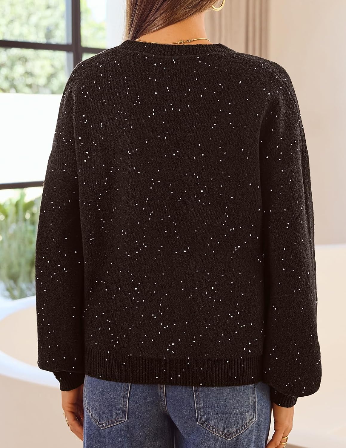 image:imageMEROKEETY Womens Fall Sequin Long Sleeve Pullover Sweaters Crew Neck Lantern Sleeve Oversized Casual Sparkly Drop Shoulder Ribbed Hem Solid Color Knit Winter ClothesCoffee