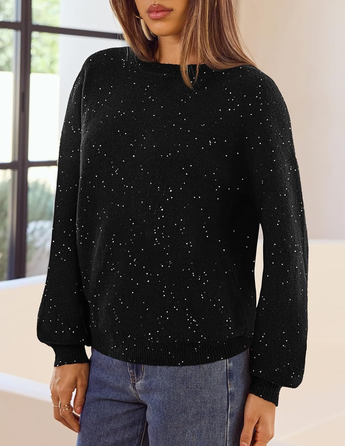 image:imageMEROKEETY Womens Fall Sequin Long Sleeve Pullover Sweaters Crew Neck Lantern Sleeve Oversized Casual Sparkly Drop Shoulder Ribbed Hem Solid Color Knit Winter ClothesBlack