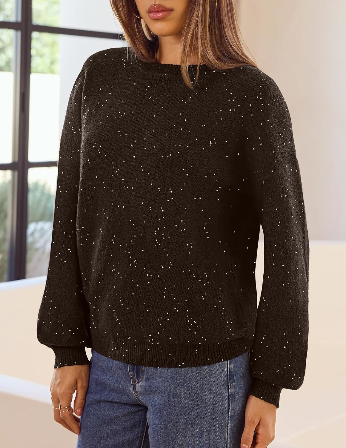 image:imageMEROKEETY Womens Fall Sequin Long Sleeve Pullover Sweaters Crew Neck Lantern Sleeve Oversized Casual Sparkly Drop Shoulder Ribbed Hem Solid Color Knit Winter ClothesCoffee