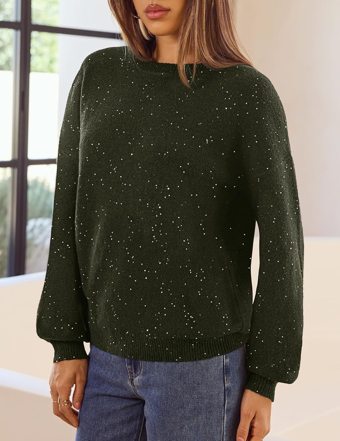 image:imageMEROKEETY Womens Fall Sequin Long Sleeve Pullover Sweaters Crew Neck Lantern Sleeve Oversized Casual Sparkly Drop Shoulder Ribbed Hem Solid Color Knit Winter ClothesOlive