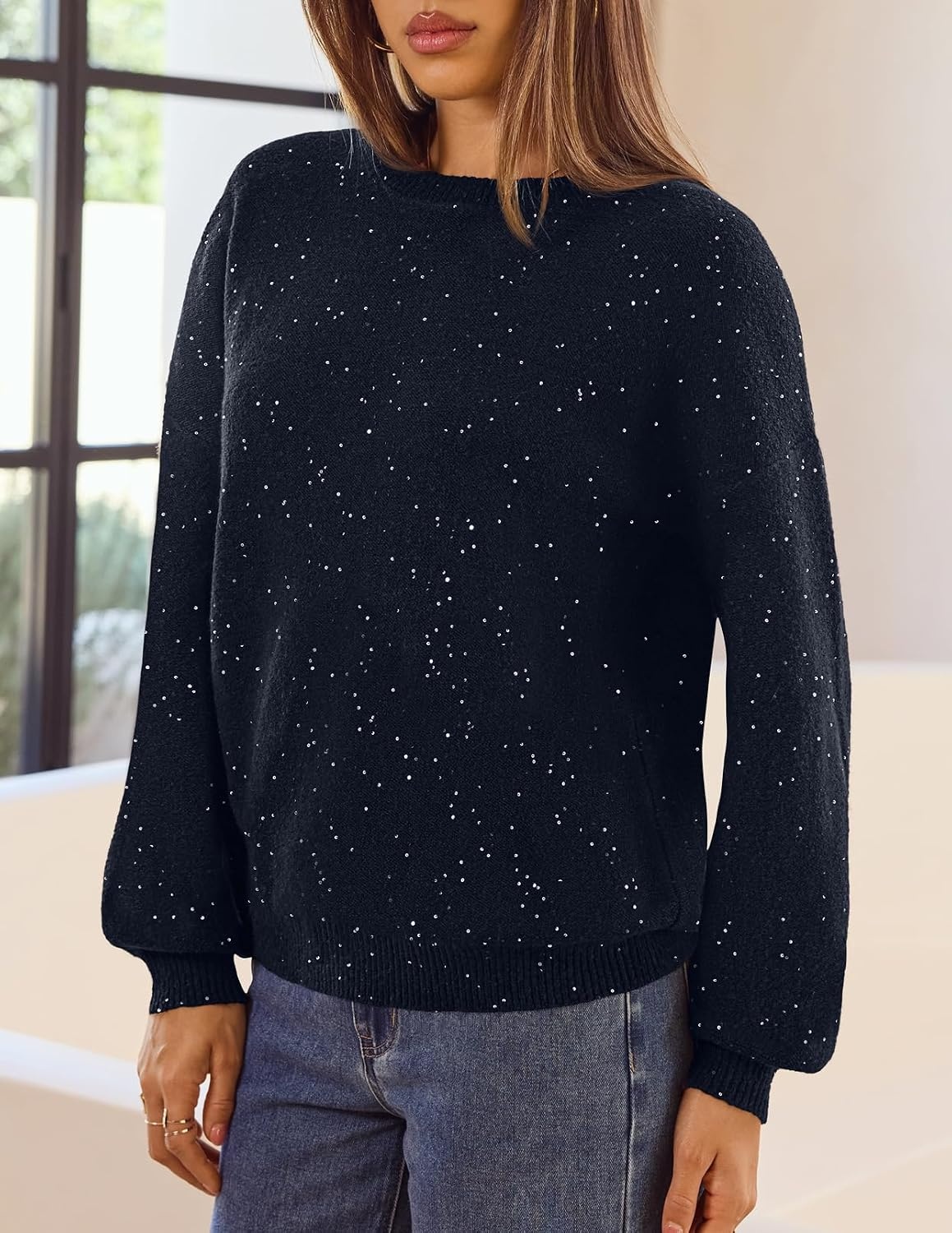 image:imageMEROKEETY Womens Fall Sequin Long Sleeve Pullover Sweaters Crew Neck Lantern Sleeve Oversized Casual Sparkly Drop Shoulder Ribbed Hem Solid Color Knit Winter ClothesNavy
