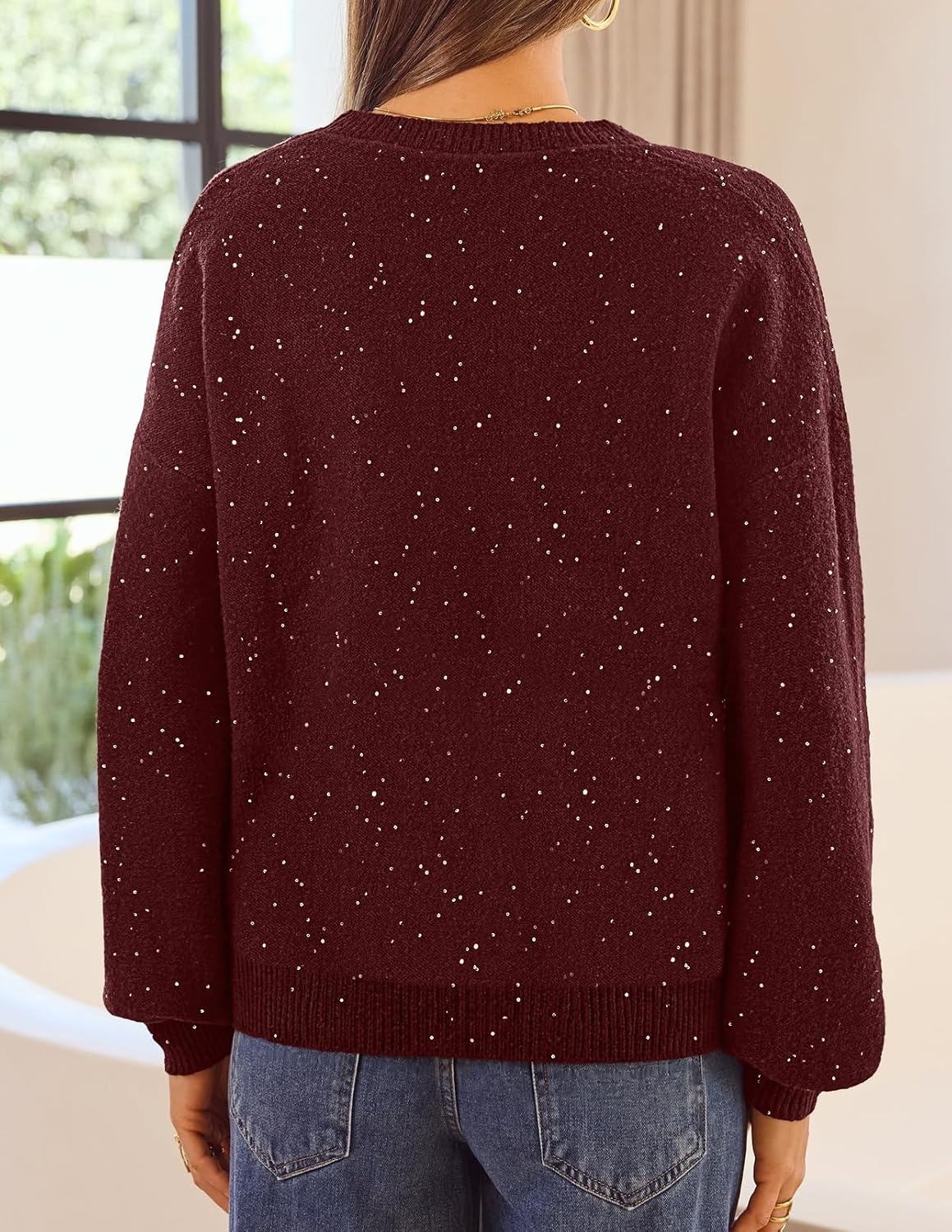 image:imageMEROKEETY Womens Fall Sequin Long Sleeve Pullover Sweaters Crew Neck Lantern Sleeve Oversized Casual Sparkly Drop Shoulder Ribbed Hem Solid Color Knit Winter ClothesWine