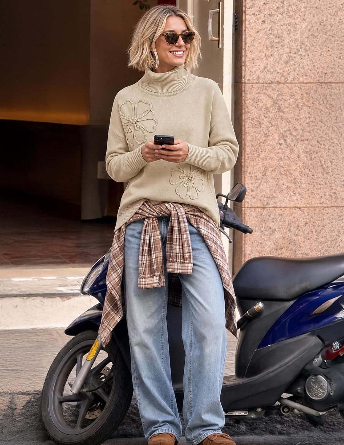 image:imageMEROKEETY Womens Fall Turtleneck Cute Floral Pullover Sweater 2026 Cozy 3D Floral Appliqus Long Sleeves Ribbed Details Relaxed Solid Trendy Outfit Dressy Casual Top Winter ClothingApricot