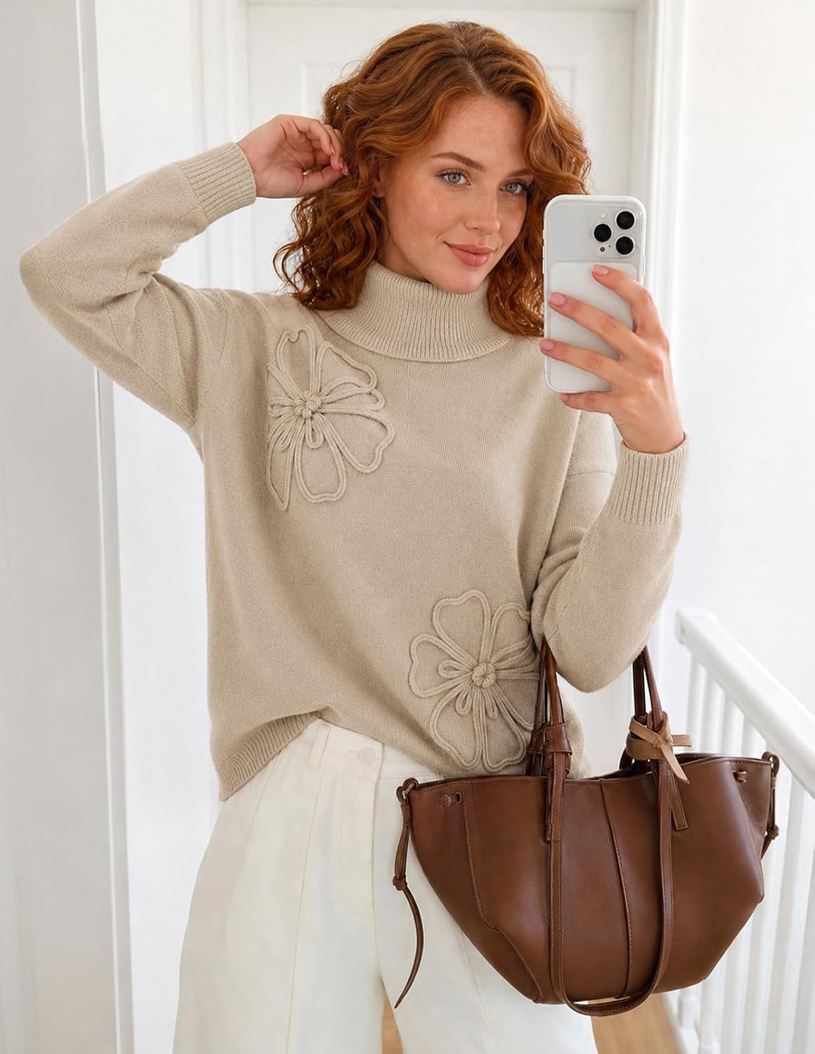 image:imageMEROKEETY Womens Fall Turtleneck Cute Floral Pullover Sweater 2026 Cozy 3D Floral Appliqus Long Sleeves Ribbed Details Relaxed Solid Trendy Outfit Dressy Casual Top Winter ClothingApricot