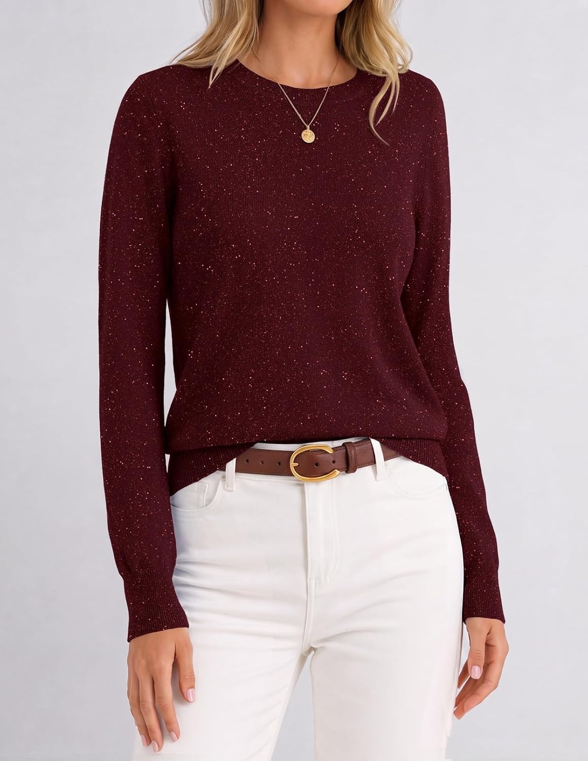 image:imageMEROKEETY Womens Long Sleeve Casual Crewneck Sweaters 2026 Ribbed Shimmery Lightweight Knit Ribbed Hem Solid Color Slim fit Pullover Flattering Jumper Tops Fall Fashion Layering Winter ClothingBurgundy
