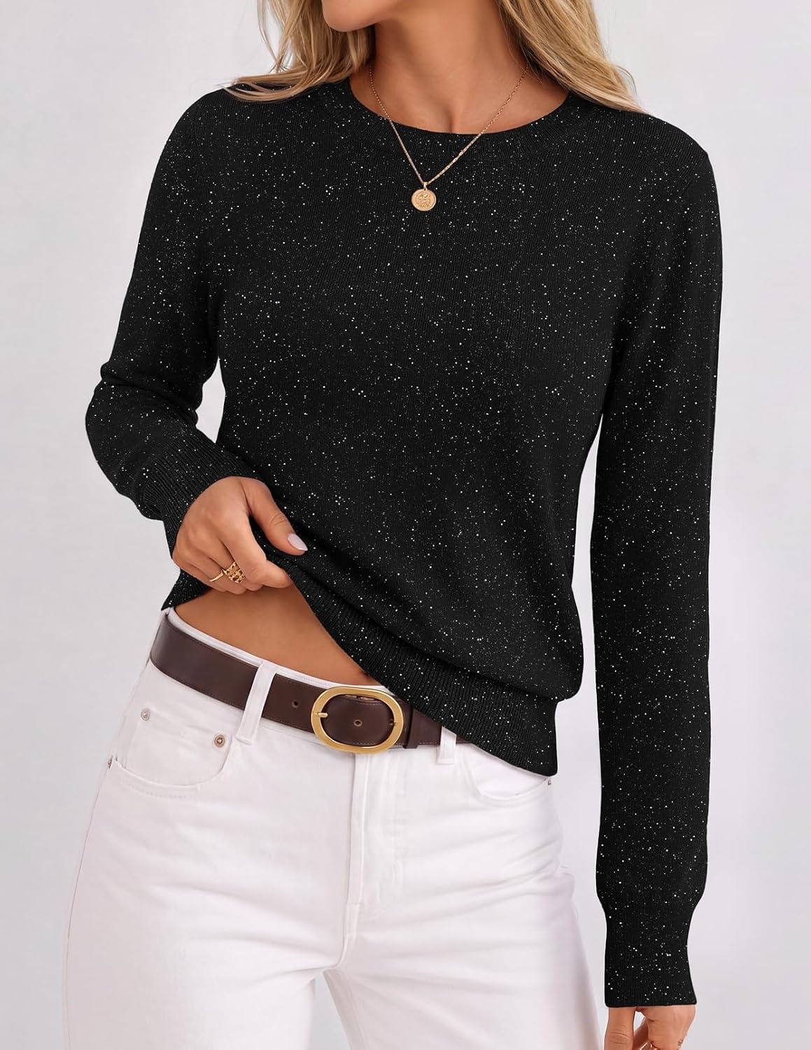 image:imageMEROKEETY Womens Long Sleeve Casual Crewneck Sweaters 2026 Ribbed Shimmery Lightweight Knit Ribbed Hem Solid Color Slim fit Pullover Flattering Jumper Tops Fall Fashion Layering Winter ClothingBlack