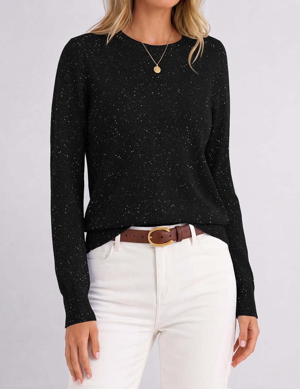 image:imageMEROKEETY Womens Long Sleeve Casual Crewneck Sweaters 2026 Ribbed Shimmery Lightweight Knit Ribbed Hem Solid Color Slim fit Pullover Flattering Jumper Tops Fall Fashion Layering Winter ClothingBlack