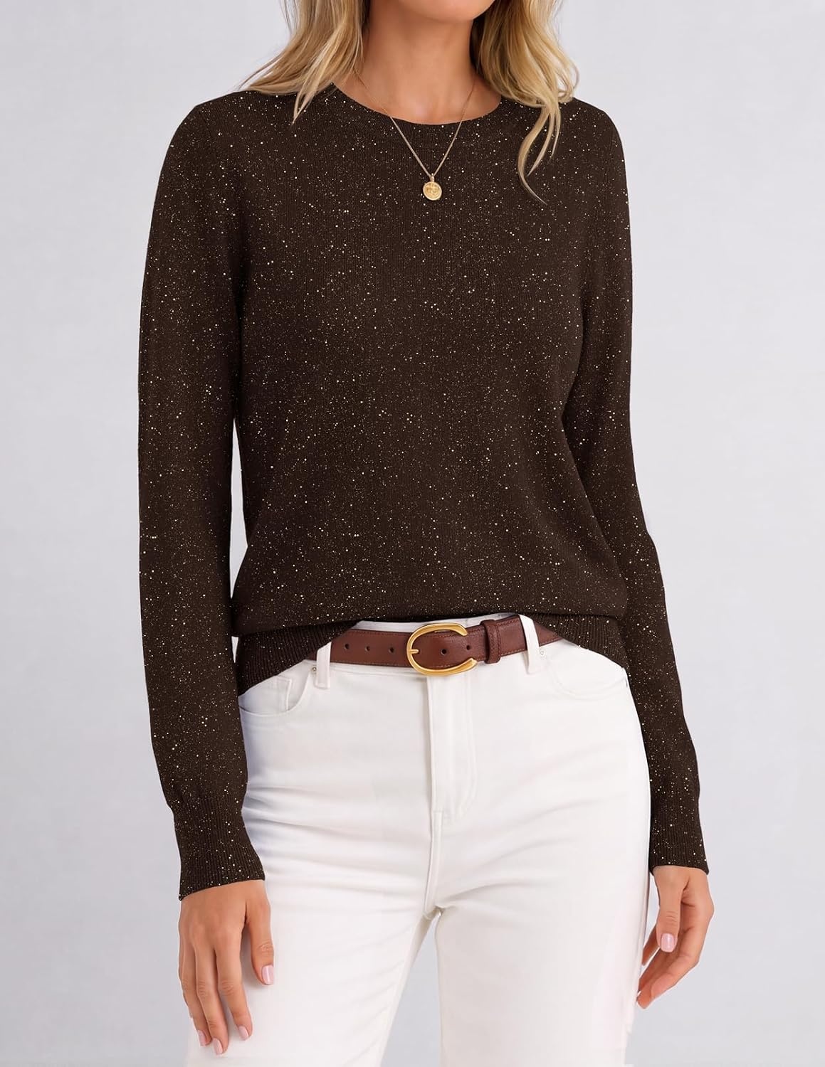 image:imageMEROKEETY Womens Long Sleeve Casual Crewneck Sweaters 2026 Ribbed Shimmery Lightweight Knit Ribbed Hem Solid Color Slim fit Pullover Flattering Jumper Tops Fall Fashion Layering Winter ClothingCoffee