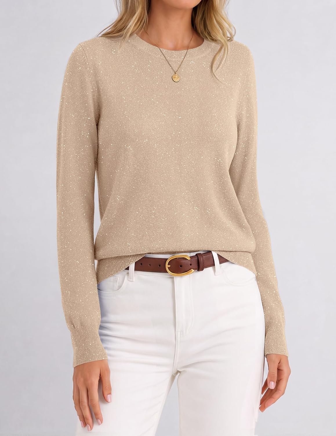 image:imageMEROKEETY Womens Long Sleeve Casual Crewneck Sweaters 2026 Ribbed Shimmery Lightweight Knit Ribbed Hem Solid Color Slim fit Pullover Flattering Jumper Tops Fall Fashion Layering Winter ClothingAlmond