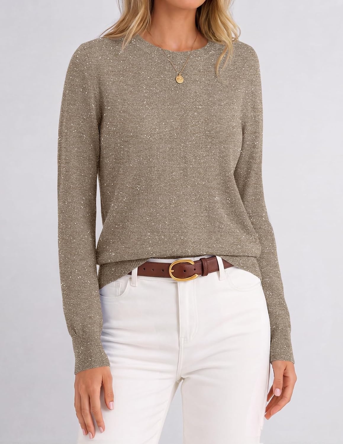 image:imageMEROKEETY Womens Long Sleeve Casual Crewneck Sweaters 2026 Ribbed Shimmery Lightweight Knit Ribbed Hem Solid Color Slim fit Pullover Flattering Jumper Tops Fall Fashion Layering Winter ClothingCamel