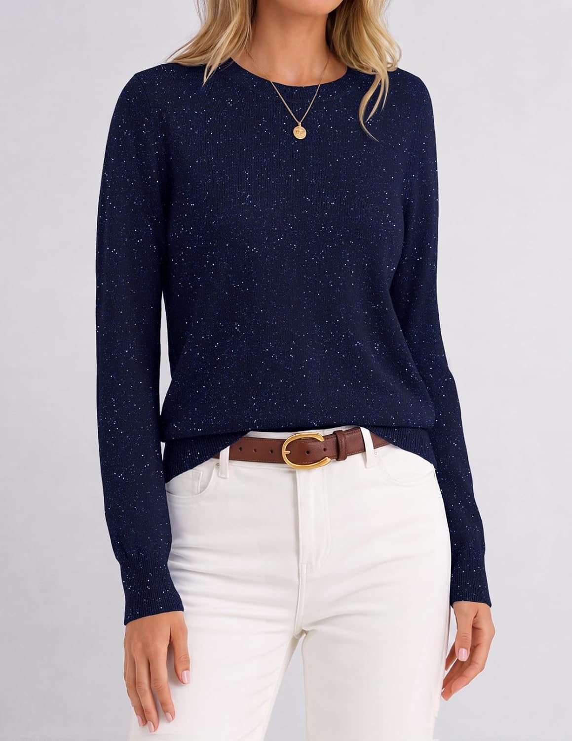 image:imageMEROKEETY Womens Long Sleeve Casual Crewneck Sweaters 2026 Ribbed Shimmery Lightweight Knit Ribbed Hem Solid Color Slim fit Pullover Flattering Jumper Tops Fall Fashion Layering Winter ClothingNavy