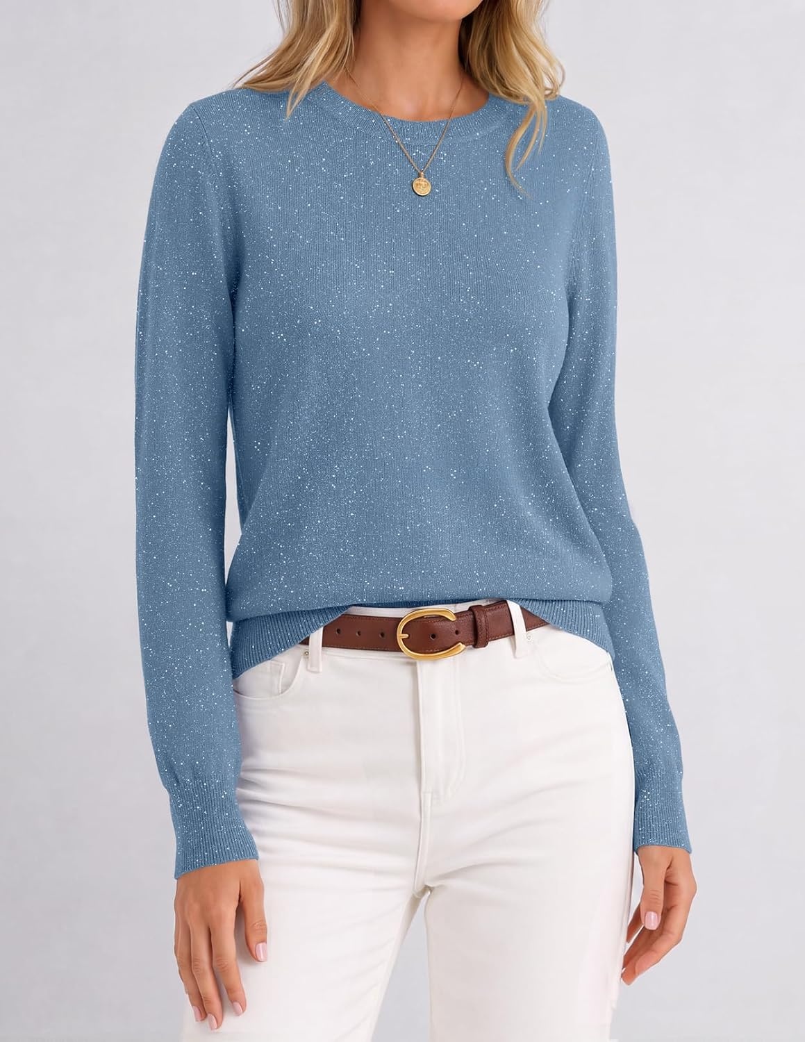 image:imageMEROKEETY Womens Long Sleeve Casual Crewneck Sweaters 2026 Ribbed Shimmery Lightweight Knit Ribbed Hem Solid Color Slim fit Pullover Flattering Jumper Tops Fall Fashion Layering Winter ClothingDusty Blue