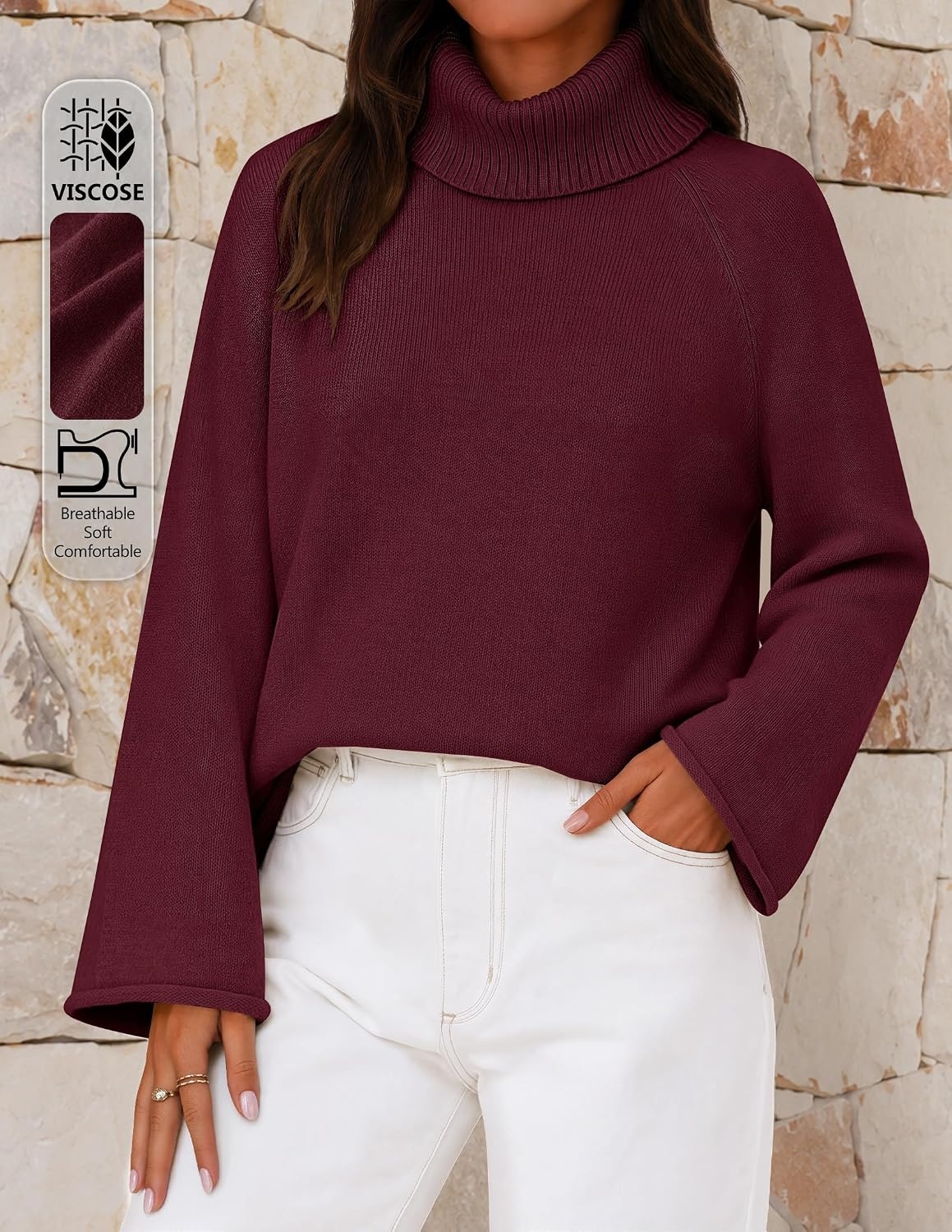 image:imageMEROKEETY Womens Turtleneck Long Sleeve Fall Winter Chunky Knit Sweater Ribbed Knit Oversized Loose Fit 2026 Trendy Pullover Tops Business Casual Work Office Dressy Going Out Travel OutfitsWine