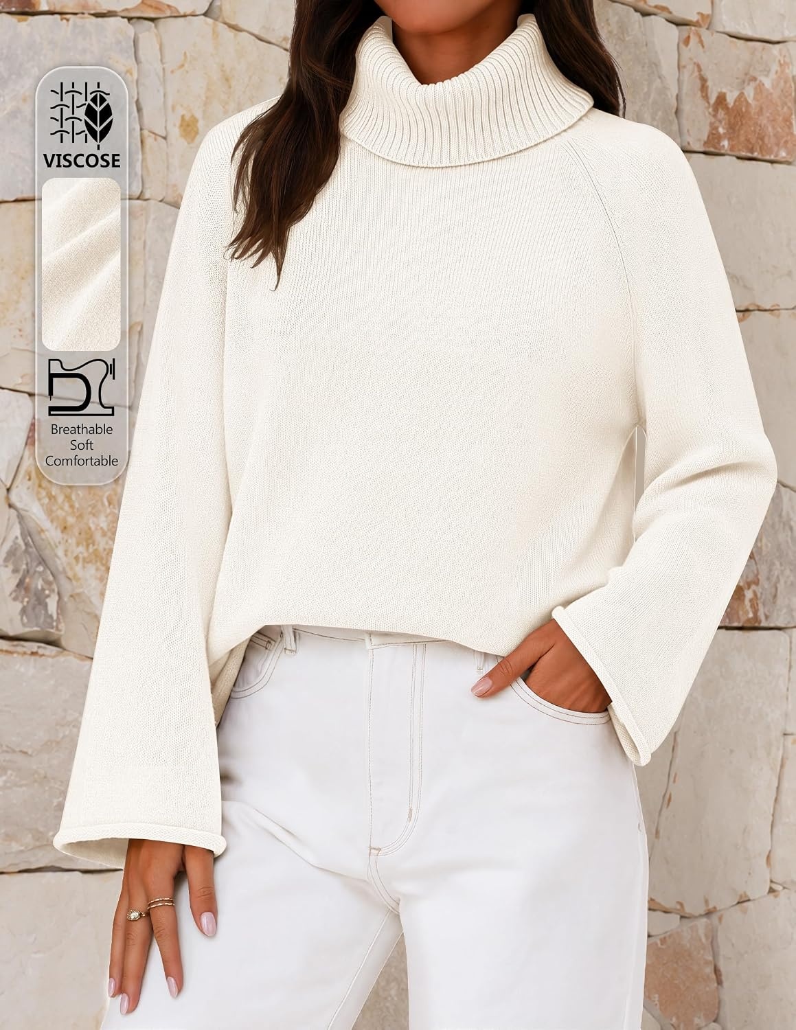 image:imageMEROKEETY Womens Turtleneck Long Sleeve Fall Winter Chunky Knit Sweater Ribbed Knit Oversized Loose Fit 2026 Trendy Pullover Tops Business Casual Work Office Dressy Going Out Travel OutfitsWhite