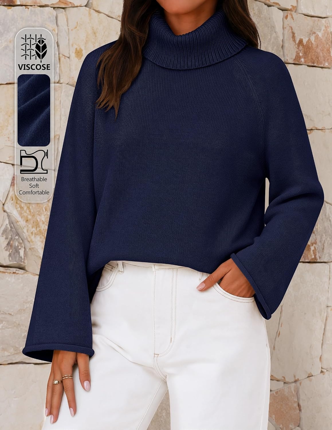 image:imageMEROKEETY Womens Turtleneck Long Sleeve Fall Winter Chunky Knit Sweater Ribbed Knit Oversized Loose Fit 2026 Trendy Pullover Tops Business Casual Work Office Dressy Going Out Travel OutfitsNavy