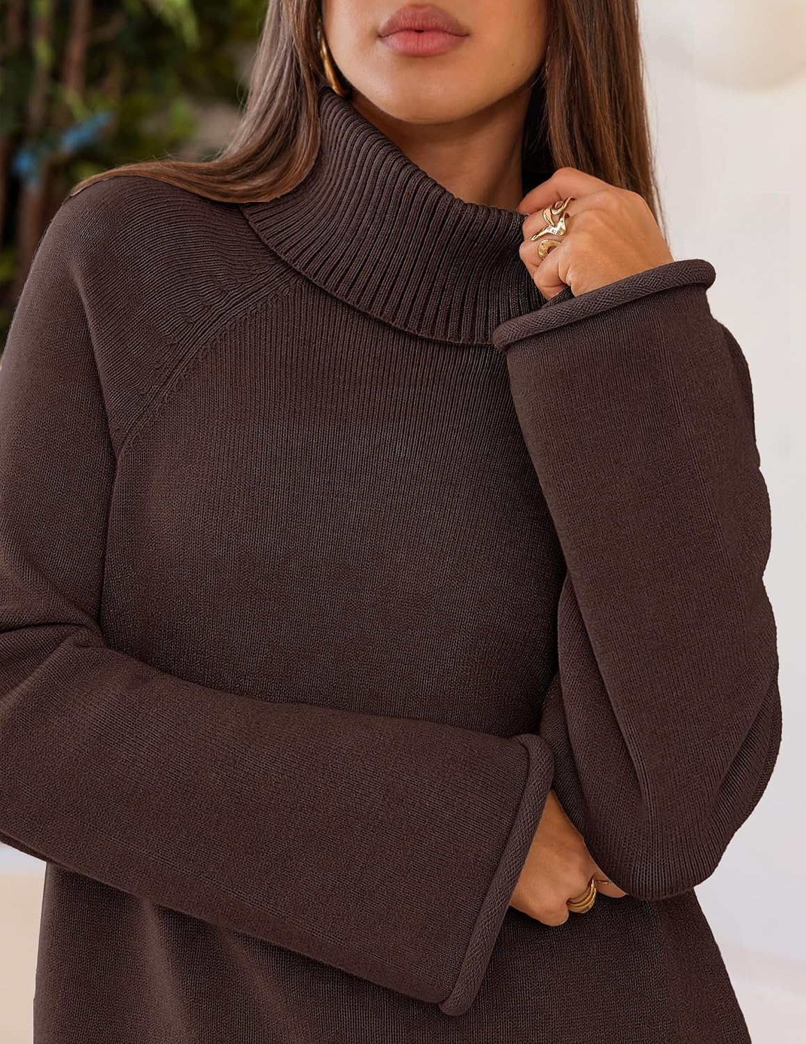 image:imageMEROKEETY Womens Turtleneck Long Sleeve Fall Winter Chunky Knit Sweater Ribbed Knit Oversized Loose Fit 2026 Trendy Pullover Tops Business Casual Work Office Dressy Going Out Travel OutfitsCoffee