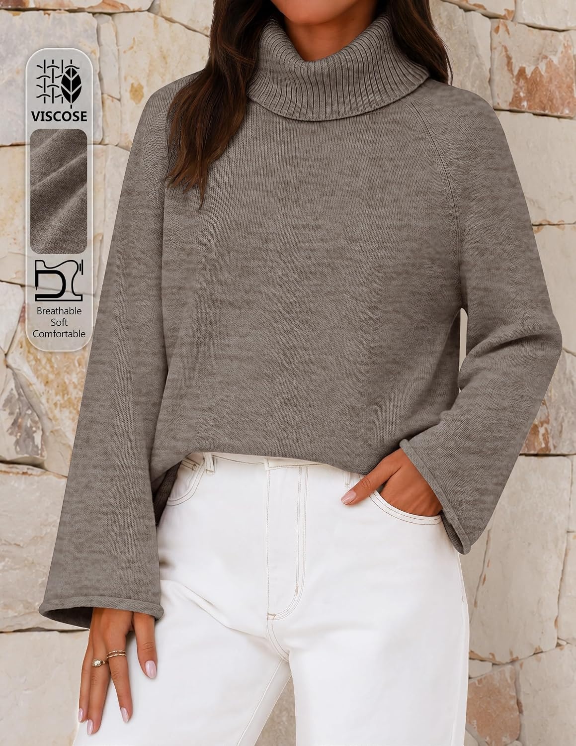 image:imageMEROKEETY Womens Turtleneck Long Sleeve Fall Winter Chunky Knit Sweater Ribbed Knit Oversized Loose Fit 2026 Trendy Pullover Tops Business Casual Work Office Dressy Going Out Travel OutfitsCamel