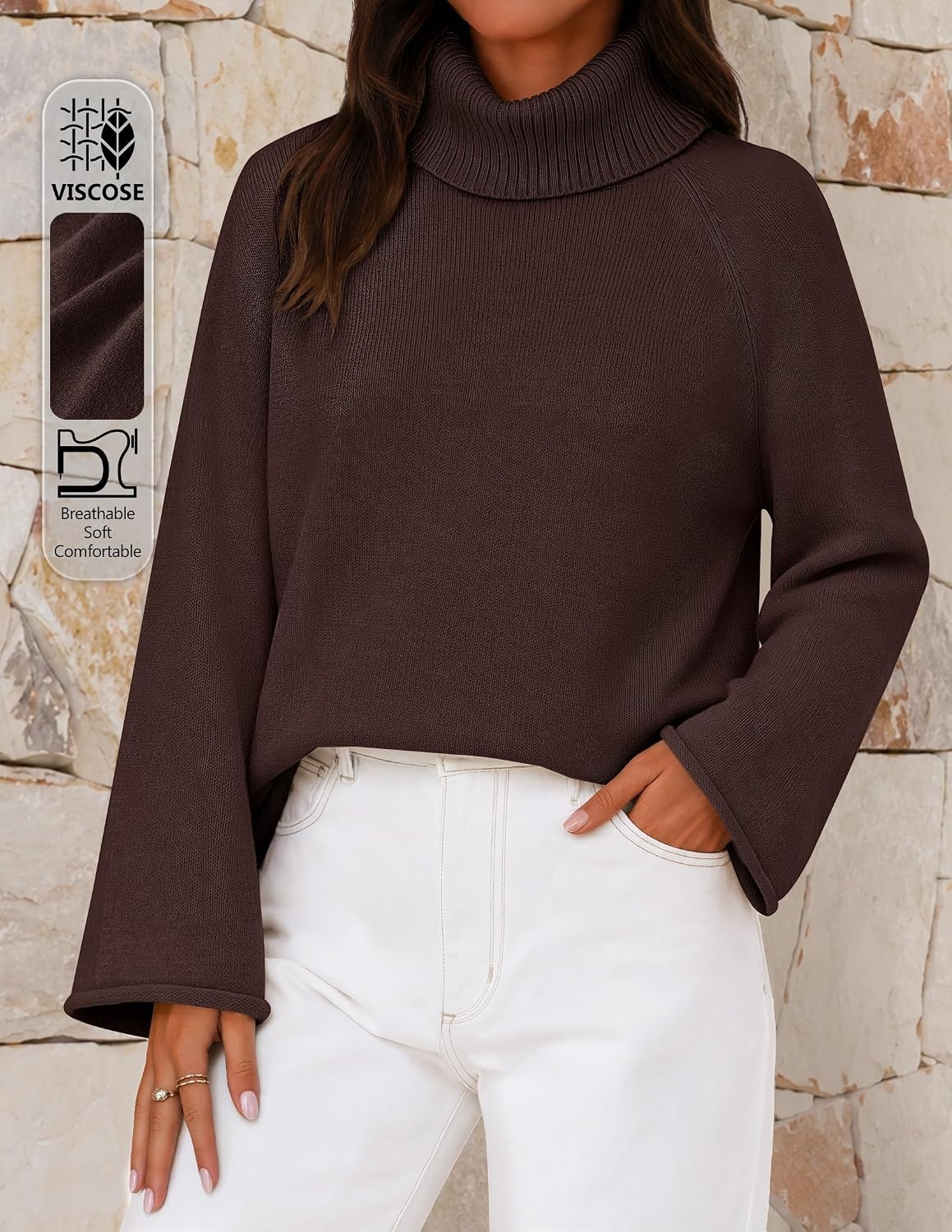 image:imageMEROKEETY Womens Turtleneck Long Sleeve Fall Winter Chunky Knit Sweater Ribbed Knit Oversized Loose Fit 2026 Trendy Pullover Tops Business Casual Work Office Dressy Going Out Travel OutfitsCoffee