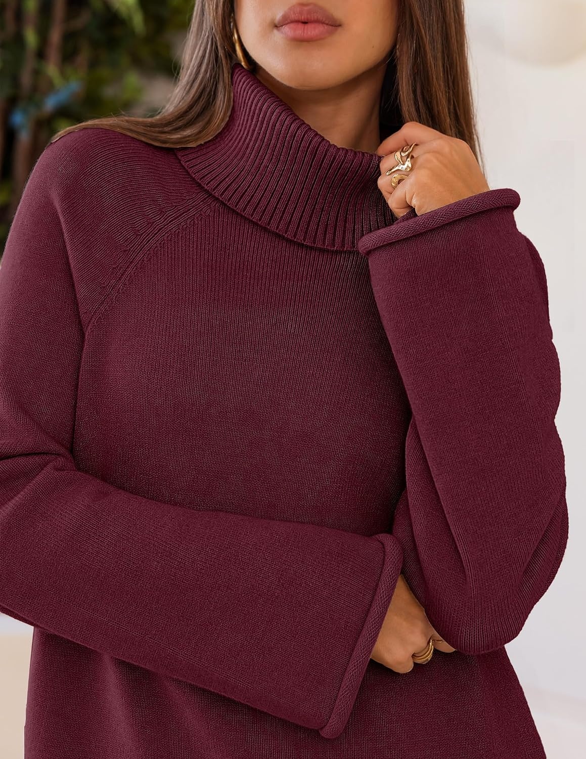 image:imageMEROKEETY Womens Turtleneck Long Sleeve Fall Winter Chunky Knit Sweater Ribbed Knit Oversized Loose Fit 2026 Trendy Pullover Tops Business Casual Work Office Dressy Going Out Travel OutfitsWine