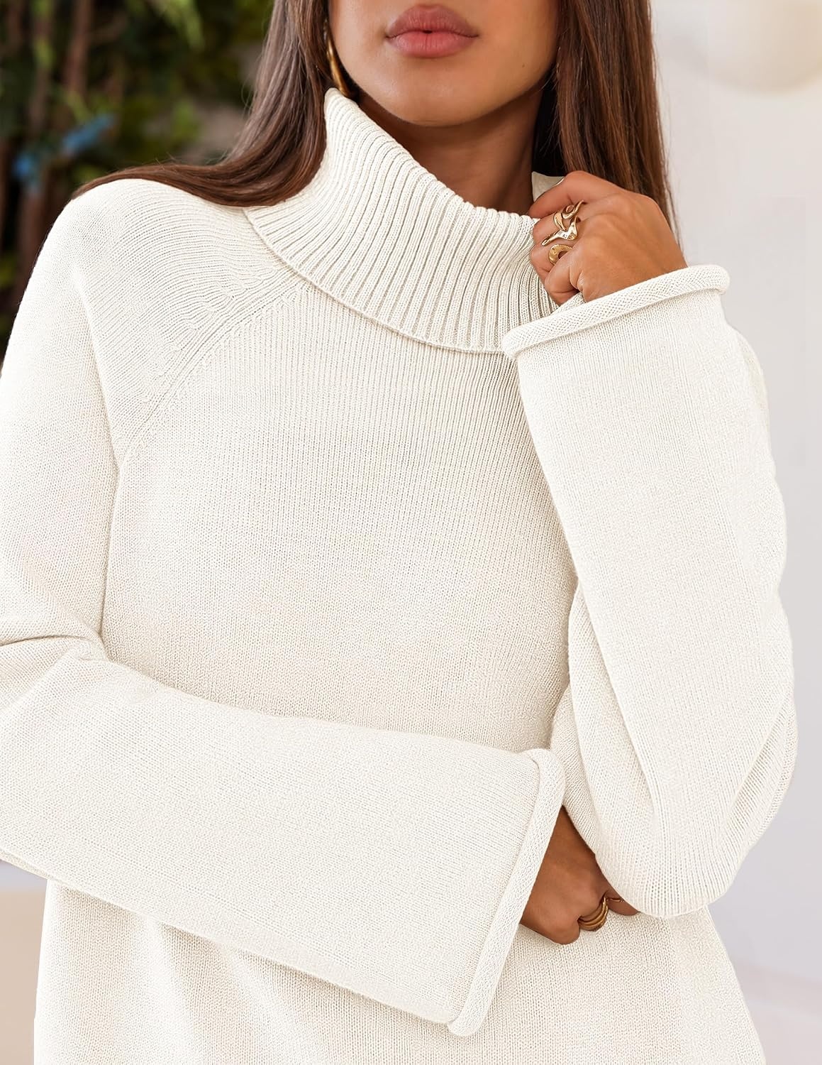 image:imageMEROKEETY Womens Turtleneck Long Sleeve Fall Winter Chunky Knit Sweater Ribbed Knit Oversized Loose Fit 2026 Trendy Pullover Tops Business Casual Work Office Dressy Going Out Travel OutfitsWhite