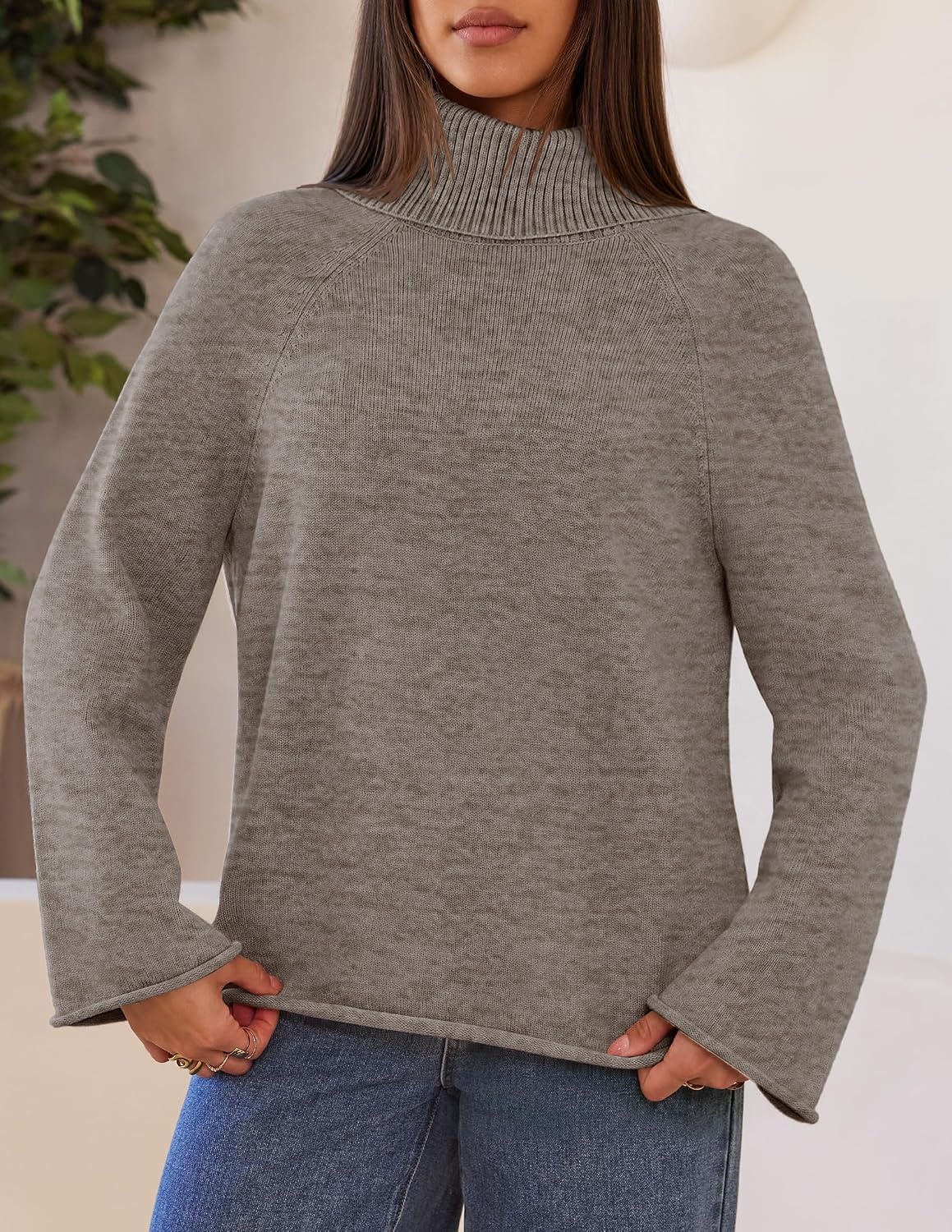 image:imageMEROKEETY Womens Turtleneck Long Sleeve Fall Winter Chunky Knit Sweater Ribbed Knit Oversized Loose Fit 2026 Trendy Pullover Tops Business Casual Work Office Dressy Going Out Travel OutfitsCamel