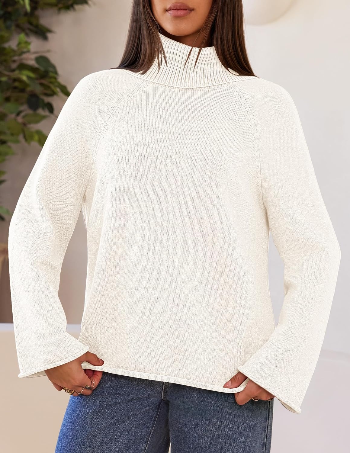 image:imageMEROKEETY Womens Turtleneck Long Sleeve Fall Winter Chunky Knit Sweater Ribbed Knit Oversized Loose Fit 2026 Trendy Pullover Tops Business Casual Work Office Dressy Going Out Travel OutfitsWhite