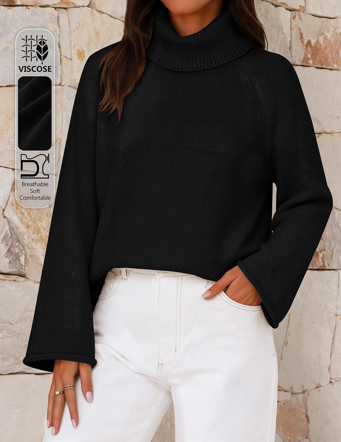 image:imageMEROKEETY Womens Turtleneck Long Sleeve Fall Winter Chunky Knit Sweater Ribbed Knit Oversized Loose Fit 2026 Trendy Pullover Tops Business Casual Work Office Dressy Going Out Travel OutfitsBlack