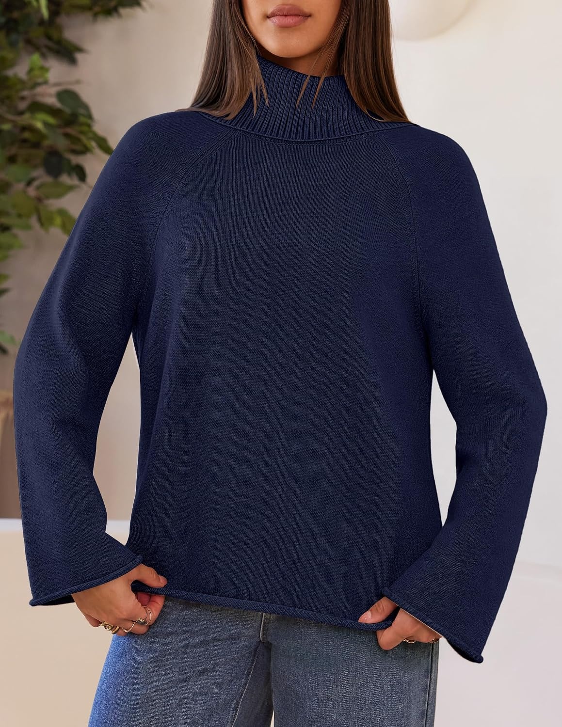 image:imageMEROKEETY Womens Turtleneck Long Sleeve Fall Winter Chunky Knit Sweater Ribbed Knit Oversized Loose Fit 2026 Trendy Pullover Tops Business Casual Work Office Dressy Going Out Travel OutfitsNavy