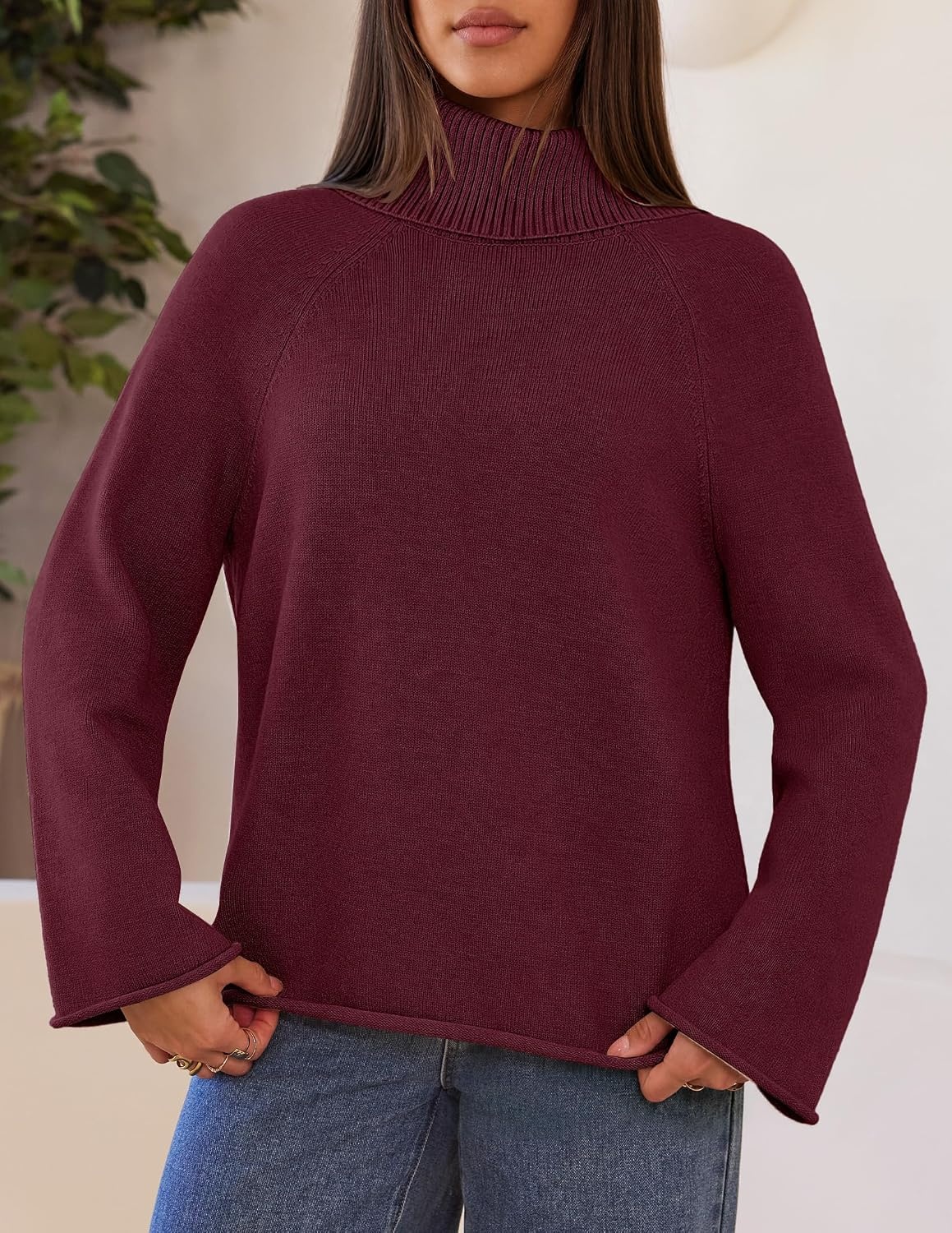 image:imageMEROKEETY Womens Turtleneck Long Sleeve Fall Winter Chunky Knit Sweater Ribbed Knit Oversized Loose Fit 2026 Trendy Pullover Tops Business Casual Work Office Dressy Going Out Travel OutfitsWine