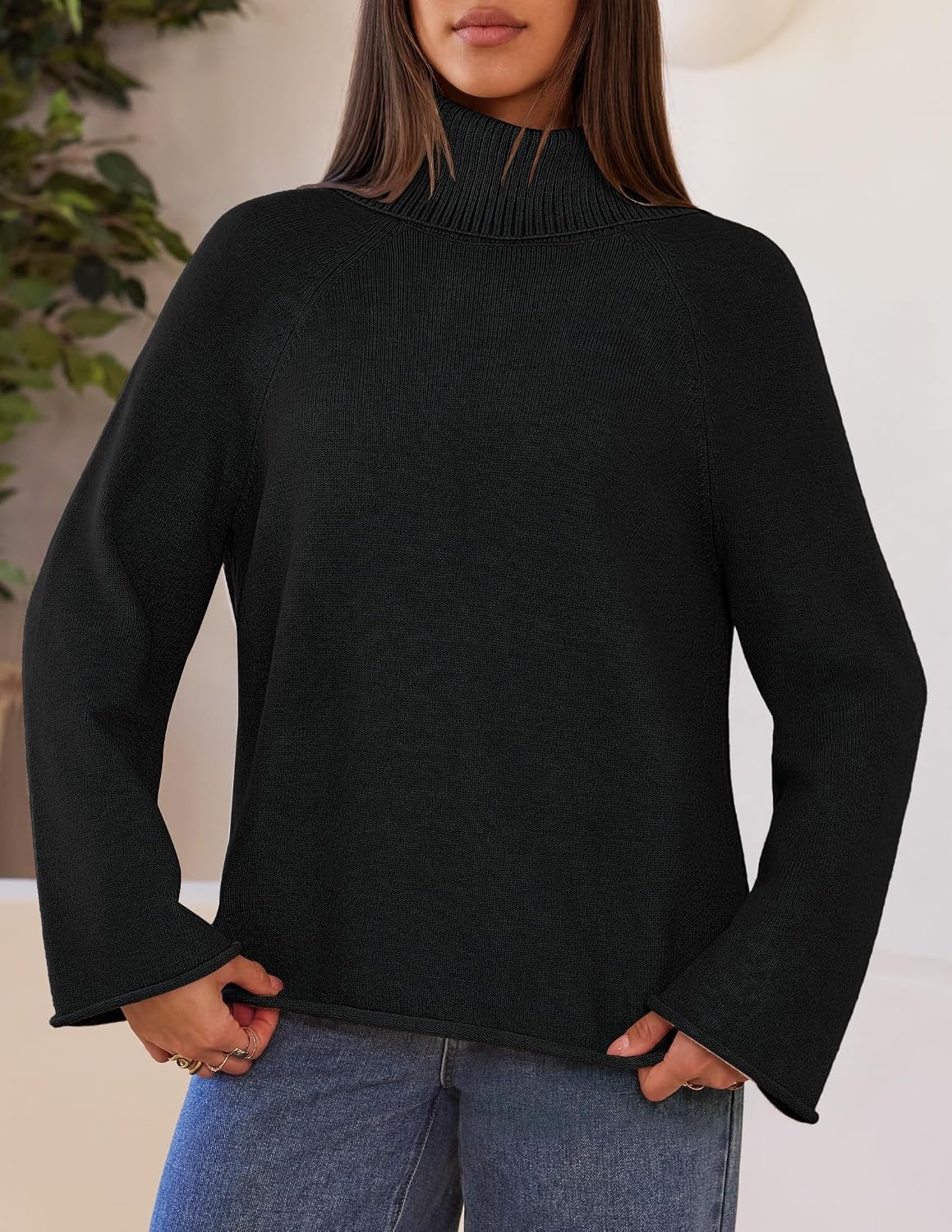 image:imageMEROKEETY Womens Turtleneck Long Sleeve Fall Winter Chunky Knit Sweater Ribbed Knit Oversized Loose Fit 2026 Trendy Pullover Tops Business Casual Work Office Dressy Going Out Travel OutfitsBlack