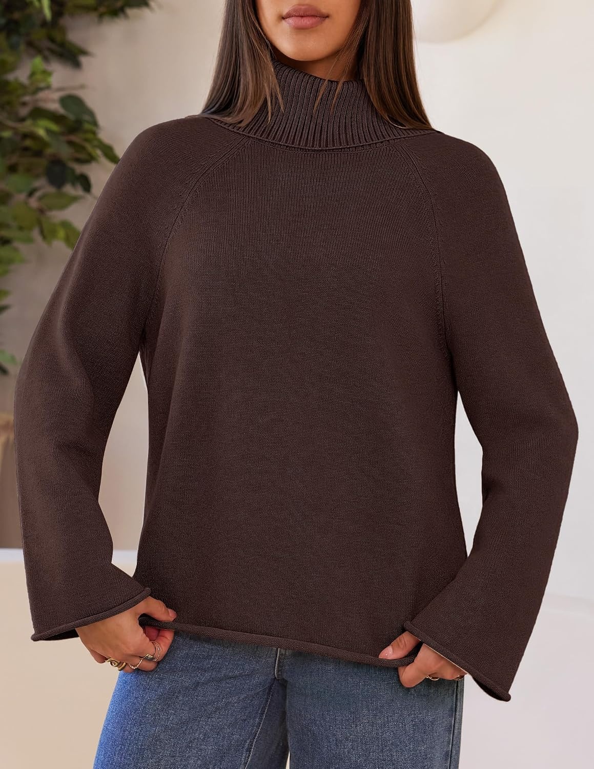 image:imageMEROKEETY Womens Turtleneck Long Sleeve Fall Winter Chunky Knit Sweater Ribbed Knit Oversized Loose Fit 2026 Trendy Pullover Tops Business Casual Work Office Dressy Going Out Travel OutfitsCoffee