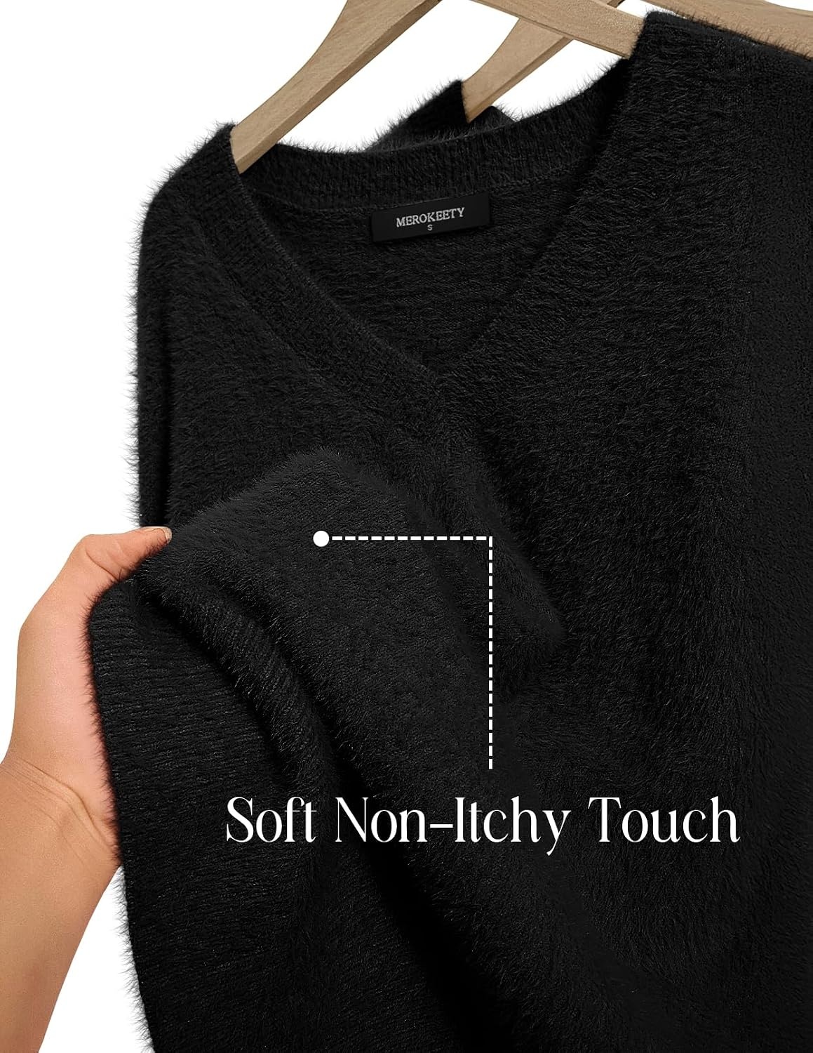 image:imageMEROKEETY Womens V Neck Fuzzy Fall Long Sleeve Cozy Soft Sweater Pullover 2026 Fashion Slouchy Furry Knit Tops Classic Loose Fit Daliy Casual Wear Comfy Warm Winter OutfitsBlack