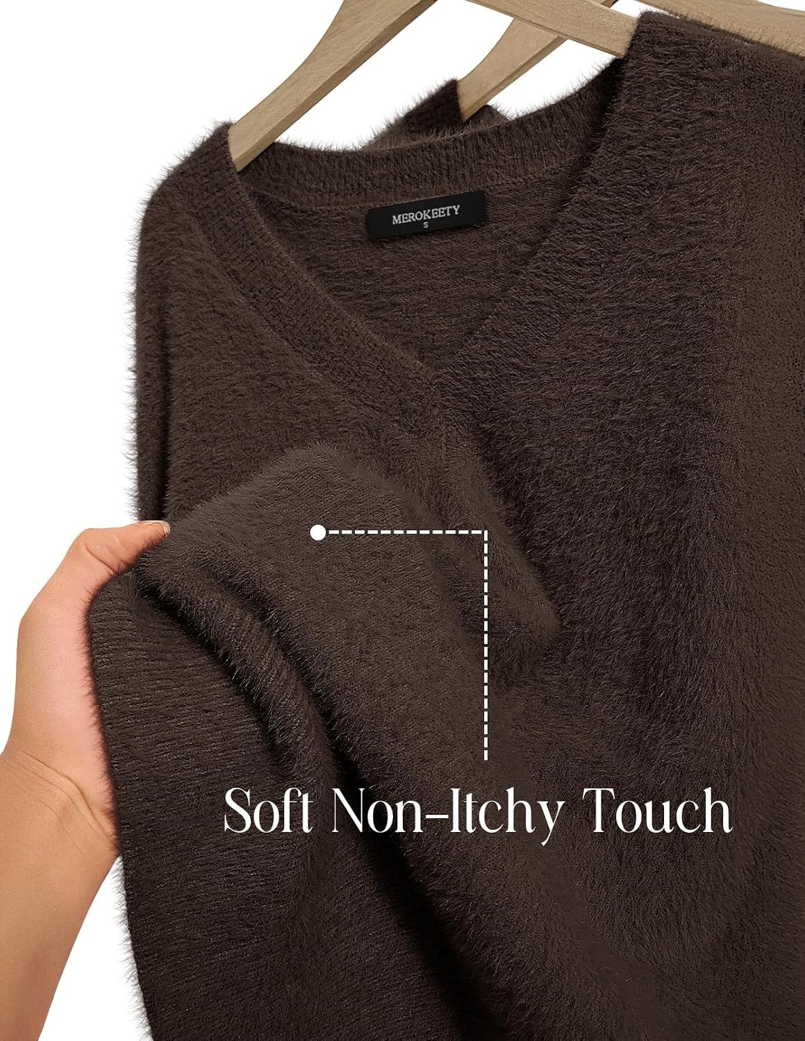 image:imageMEROKEETY Womens V Neck Fuzzy Fall Long Sleeve Cozy Soft Sweater Pullover 2026 Fashion Slouchy Furry Knit Tops Classic Loose Fit Daliy Casual Wear Comfy Warm Winter OutfitsCoffee