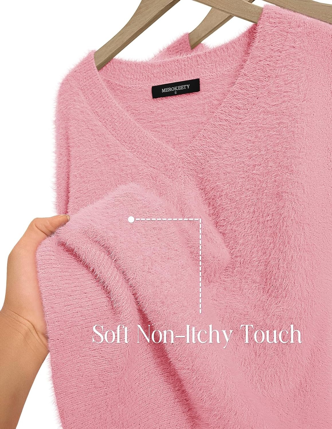 image:imageMEROKEETY Womens V Neck Fuzzy Fall Long Sleeve Cozy Soft Sweater Pullover 2026 Fashion Slouchy Furry Knit Tops Classic Loose Fit Daliy Casual Wear Comfy Warm Winter OutfitsPink