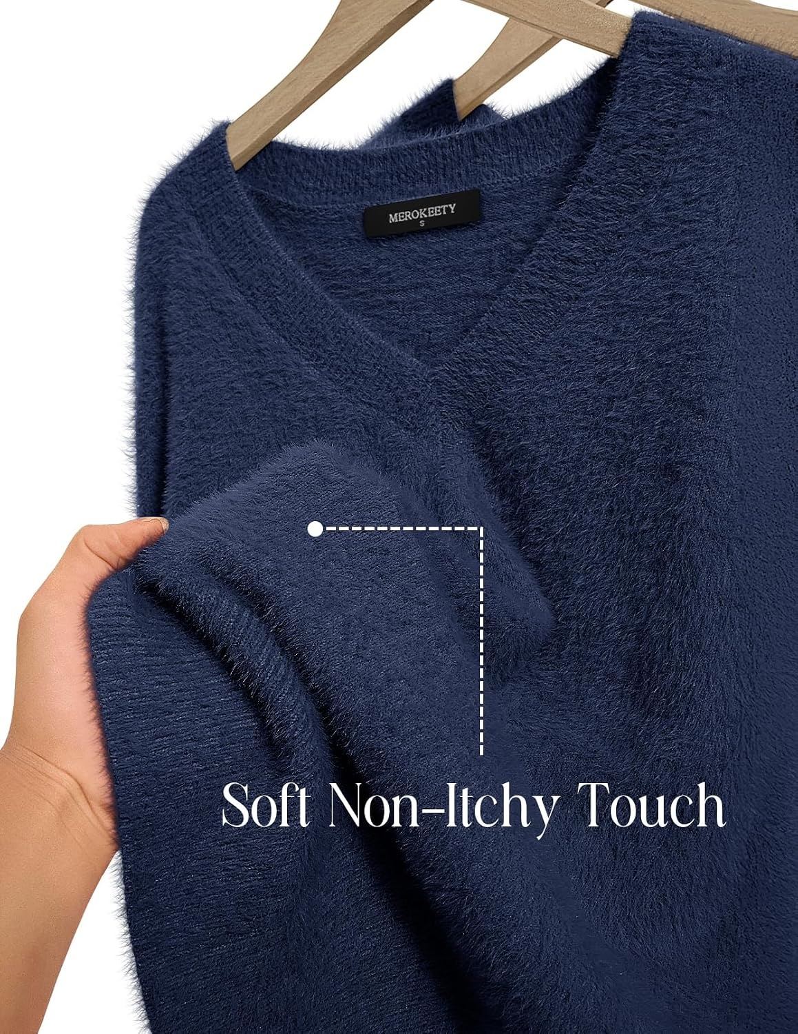 image:imageMEROKEETY Womens V Neck Fuzzy Fall Long Sleeve Cozy Soft Sweater Pullover 2026 Fashion Slouchy Furry Knit Tops Classic Loose Fit Daliy Casual Wear Comfy Warm Winter OutfitsNavy