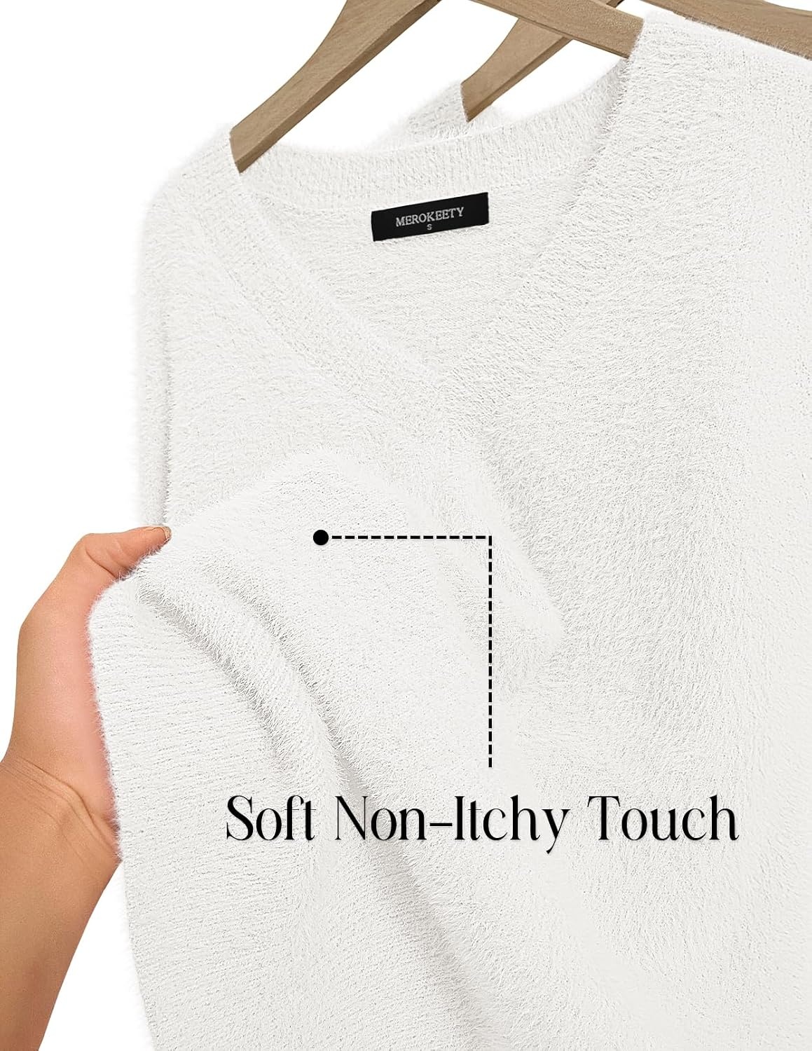 image:imageMEROKEETY Womens V Neck Fuzzy Fall Long Sleeve Cozy Soft Sweater Pullover 2026 Fashion Slouchy Furry Knit Tops Classic Loose Fit Daliy Casual Wear Comfy Warm Winter OutfitsWhite