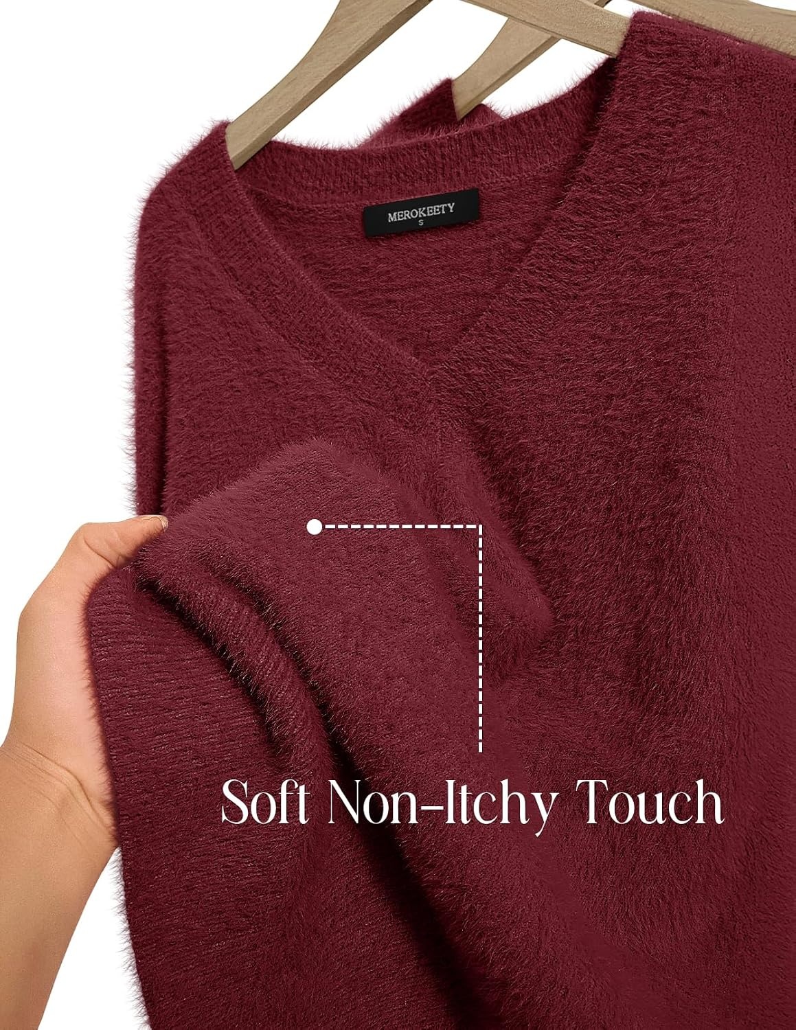 image:imageMEROKEETY Womens V Neck Fuzzy Fall Long Sleeve Cozy Soft Sweater Pullover 2026 Fashion Slouchy Furry Knit Tops Classic Loose Fit Daliy Casual Wear Comfy Warm Winter OutfitsWine
