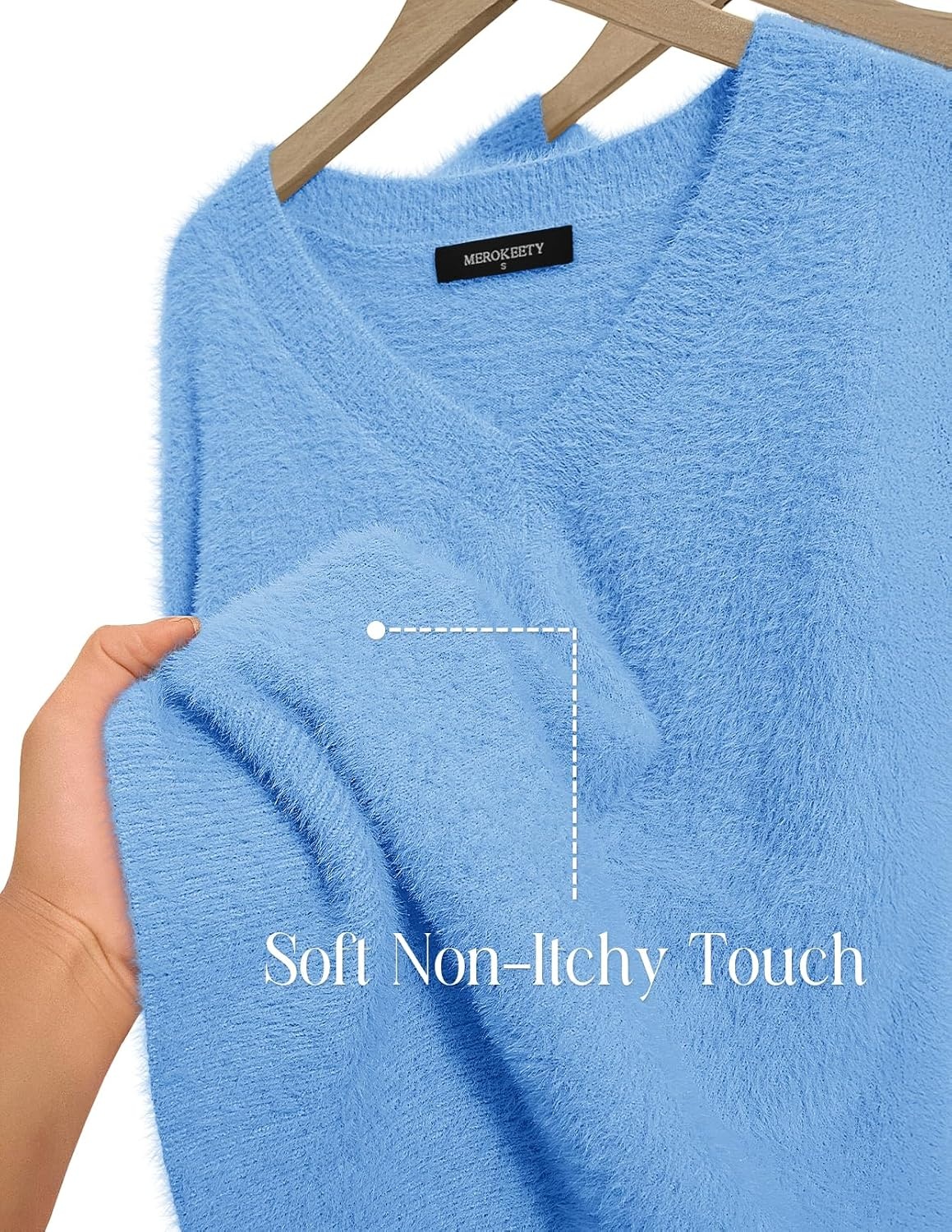 image:imageMEROKEETY Womens V Neck Fuzzy Fall Long Sleeve Cozy Soft Sweater Pullover 2026 Fashion Slouchy Furry Knit Tops Classic Loose Fit Daliy Casual Wear Comfy Warm Winter OutfitsBlue